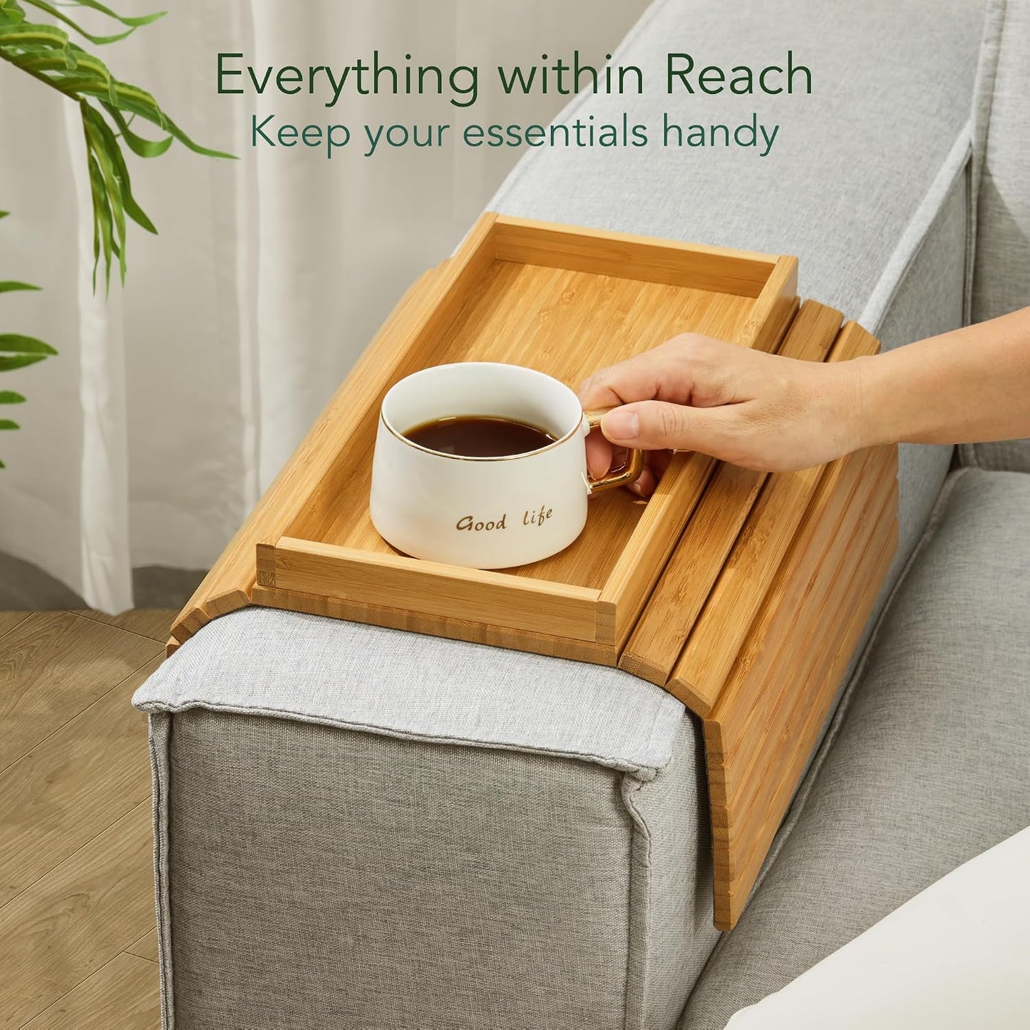 DETOR Couch Arm Tray with Spacious 12.4" x 5.4" Storage Box, Walnut Bamboo Finish, Enhanced Non-Slip Felt Bottom, Sturdy Bamboo Slats, Fits Armrests 6" and Wider