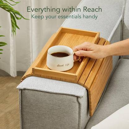 DETOR Couch Arm Tray with Spacious 12.4" x 5.4" Storage Box, Walnut Bamboo Finish, Enhanced Non-Slip Felt Bottom, Sturdy Bamboo Slats, Fits Armrests 6" and Wider
