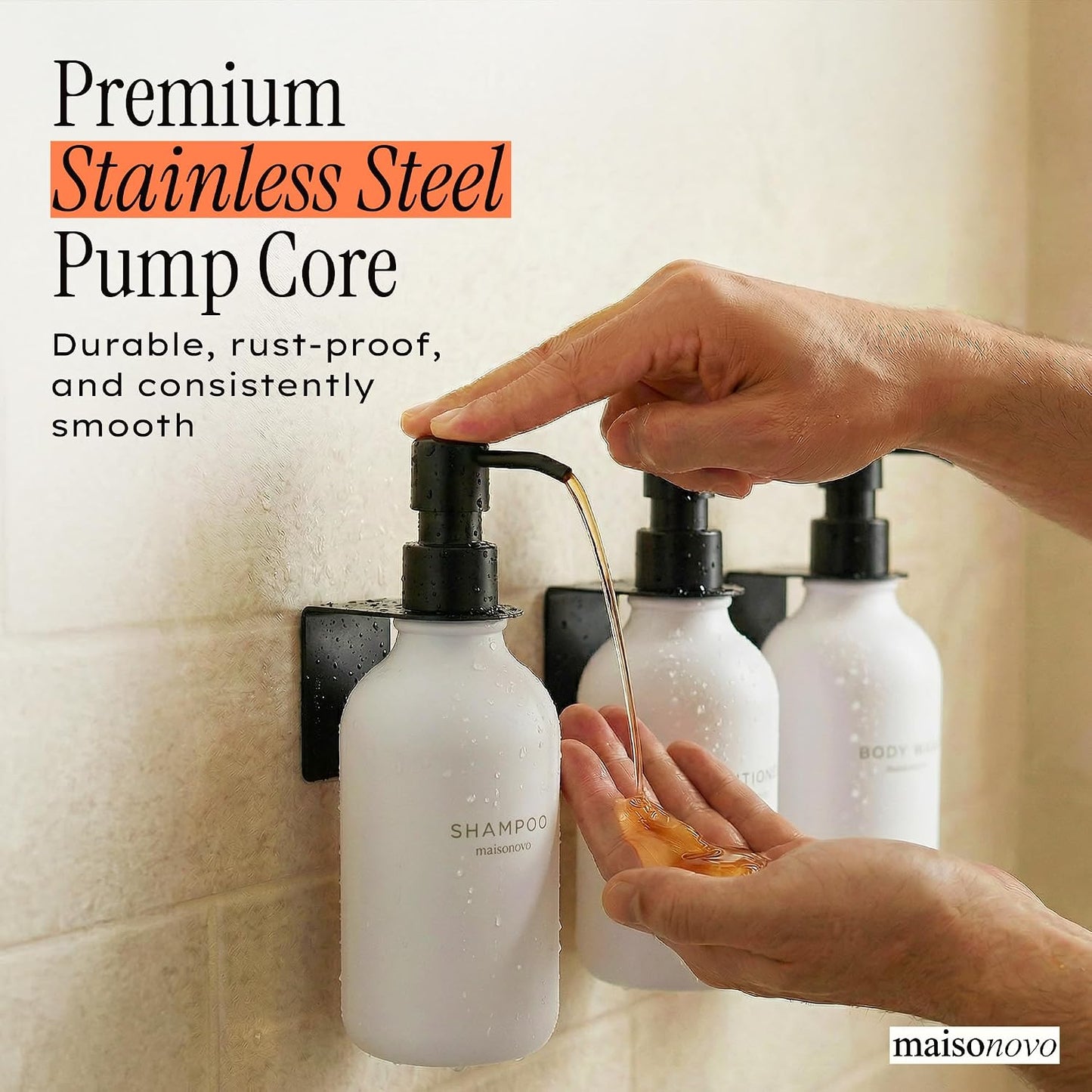 MaisoNovo Shampoo and Conditioner Dispenser|Refillable Black Set of 3 | 500 ml Shower Gel Dispenser Set of 3. Refillable Shampoo and Conditioner Bottles. Drill Free Secure Design. Black