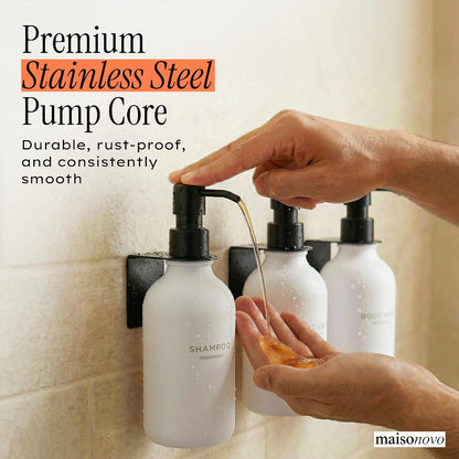 MaisoNovo Shampoo and Conditioner Dispenser|Refillable Black Set of 3 | 500 ml Shower Gel Dispenser Set of 3. Refillable Shampoo and Conditioner Bottles. Drill Free Secure Design. Black