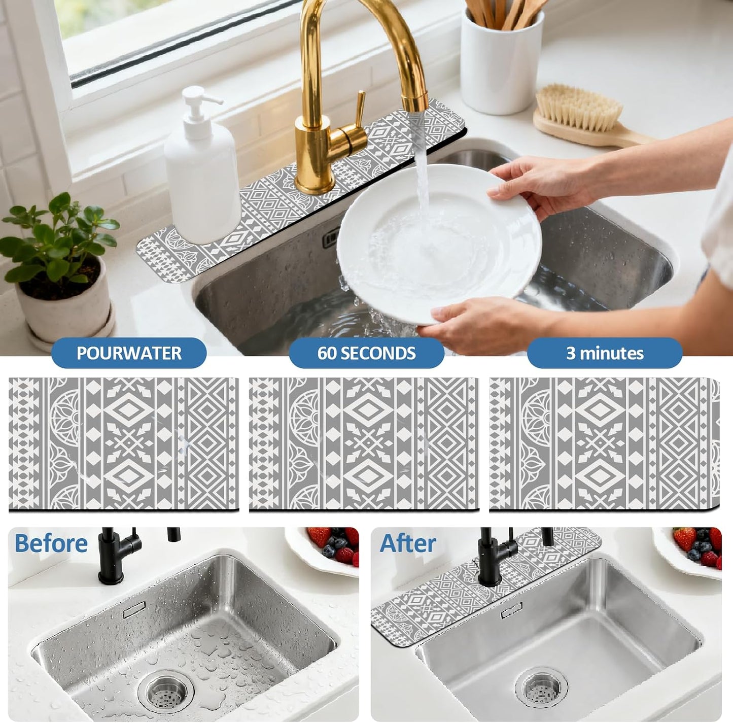 2Pcs Peonies Kitchen Sink Splash Guard Faucet Mat Vintage Florals Faucet Mat For Bathroom Kitchen 5.5x23.6In