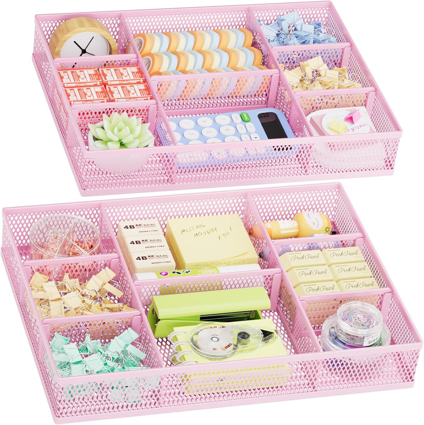 Marbrasse 2 Pack Desk Drawer Organizer, Mesh Drawer Organizer Tray with 8 Adjustable Compartments, Desk Organizers and Accessories, 5 Dividers Drawer for Office Supplies, Makeup & Vanity (Black)