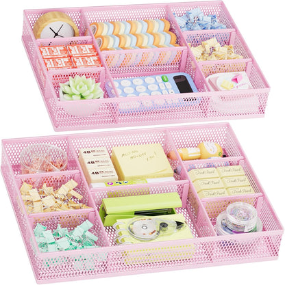 Marbrasse 2 Pack Desk Drawer Organizer, Mesh Drawer Organizer Tray with 8 Adjustable Compartments, Desk Organizers and Accessories, 5 Dividers Drawer for Office Supplies, Makeup & Vanity (Black)