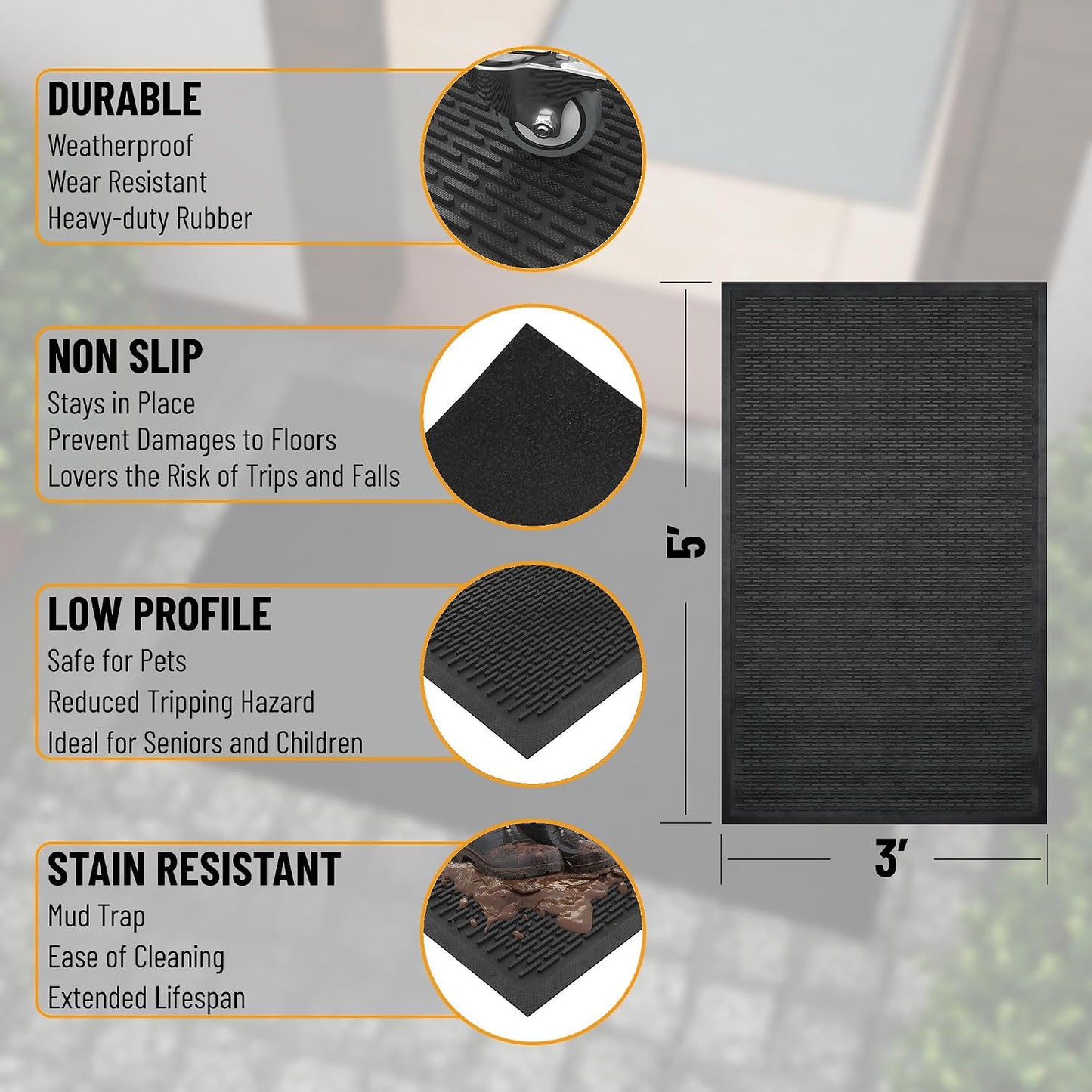 Ottomanson Heavy Duty Rubber Floor Mat – Non-Slip, Waterproof, Easy to Clean – Boot Tray Utility Mat for Shoes, Boots, Entryway, or Pet Feeding Area – Durable, Hose Washable – 16" x 32", Black
