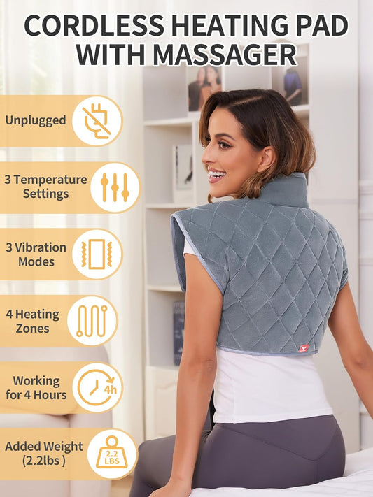Vofuoti Portable Cordless Heating Pad for Neck and Shoulders with Massager | 7.4V 10000mAh Battery and 3 Heat Settings, Weighted Electric Rechargeable Heated Neck Shoulder Wrap, 2.2lbs, Gift for Family
