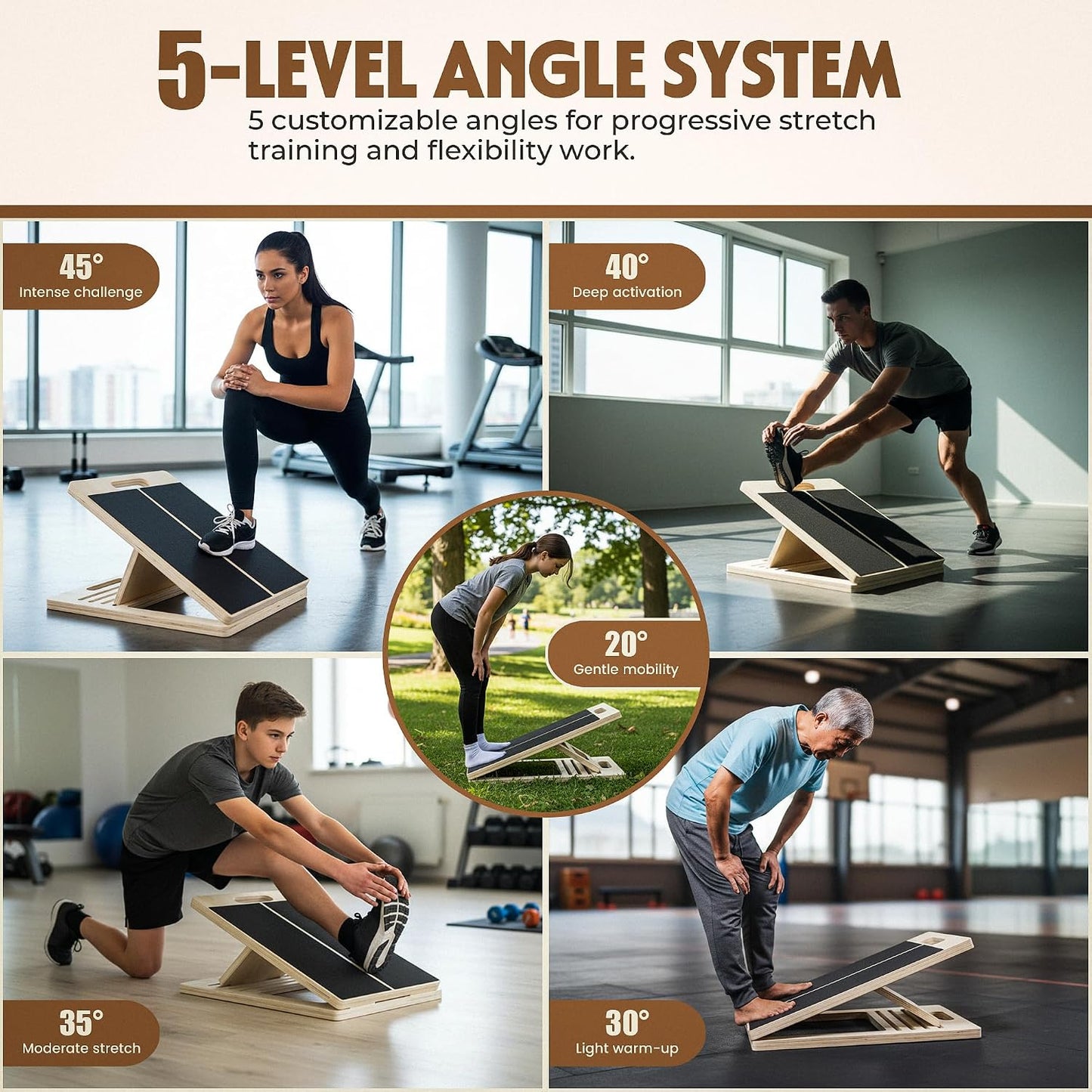 Wooden Slant Board for Calf Stretching, Adjustable Calf Stretcher Incline Wedge for Squats, Foot Ankle Heel Leg Stretch, Physical Therapy Balance Board, Portable with Carry Bag & Loop Band