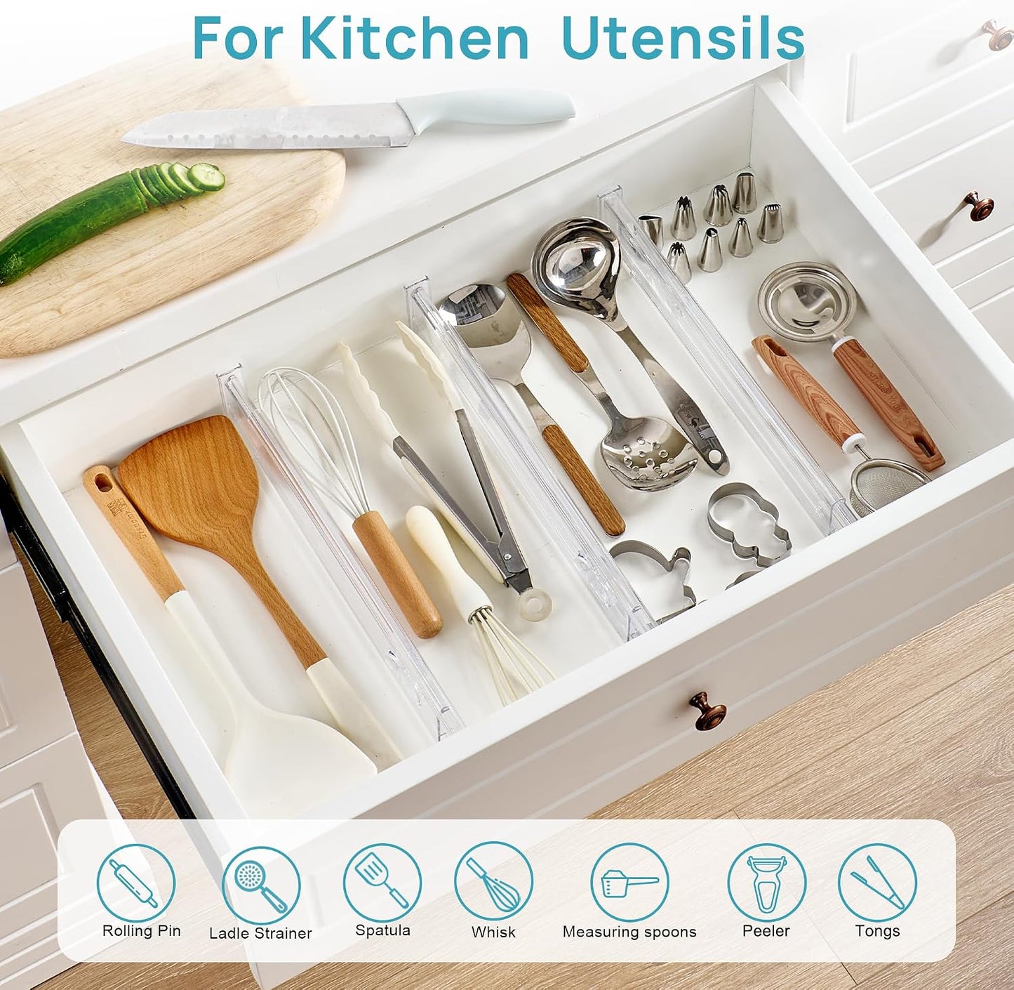 Vtopmart 2.36" Drawer Dividers with Expandable Inserts, 12.8"-22.3", 8 Pack | Adjustable Kitchen Drawer Organizer, Clear Organizer Separator for Flatware, Utensil, Cutlery, 8 Dividers with 14 Inserts
