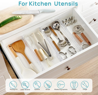 Vtopmart 2.36" Drawer Dividers with Expandable Inserts, 12.8"-22.3", 8 Pack | Adjustable Kitchen Drawer Organizer, Clear Organizer Separator for Flatware, Utensil, Cutlery, 8 Dividers with 14 Inserts