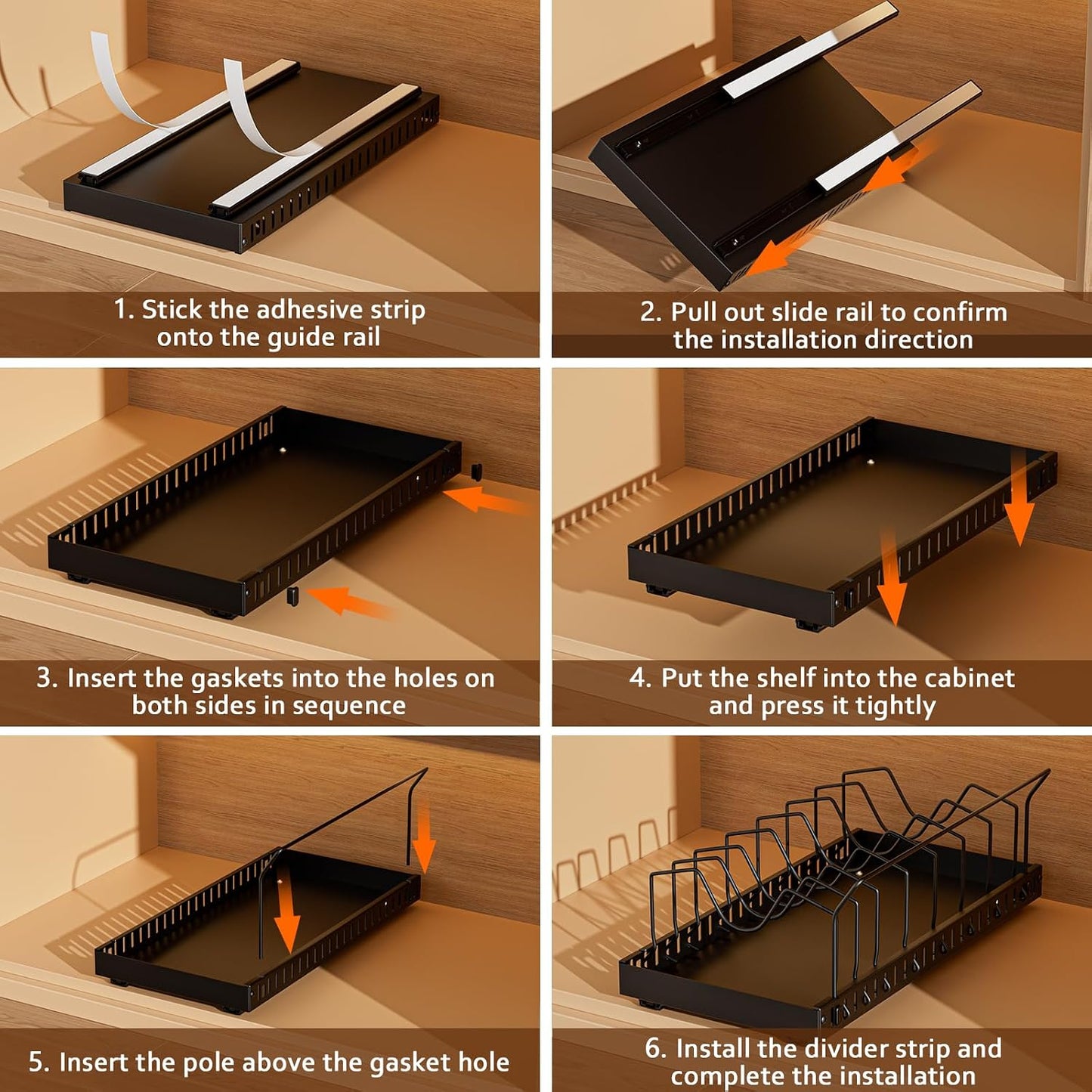 Black 2 Pack Pot Lid Organizer, Pull Out Cabinet Rack, 16 Dividers | 2-pack black carbon steel rack, 16 adjustable dividers, quiet slide rails, adhesive or screw mount for lids, pans, bakeware