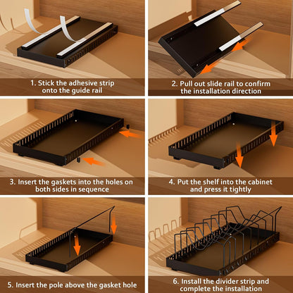 Black 2 Pack Pot Lid Organizer, Pull Out Cabinet Rack, 16 Dividers | 2-pack black carbon steel rack, 16 adjustable dividers, quiet slide rails, adhesive or screw mount for lids, pans, bakeware