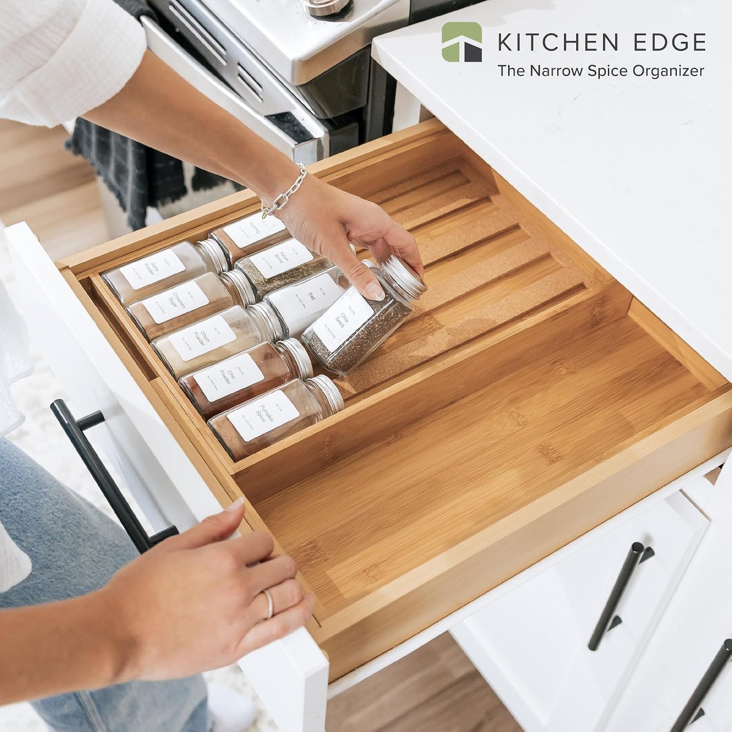 Expandable Spice Drawer Organizer, Bamboo | Holds up to 15 spice jars (not included), non-slip feet, 100% sustainable bamboo wood