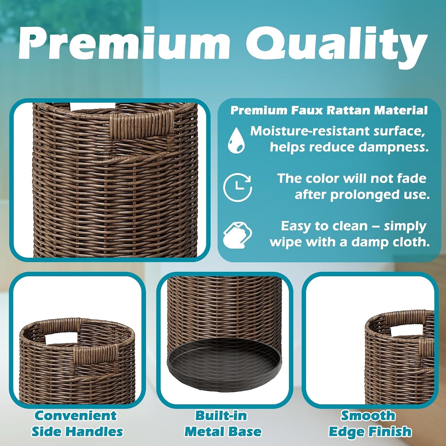 Rattan Umbrella Holder 21"H X 10"D, Handmade Wicker Umbrella Stand Indoor with Dip Tray, Sturdy Umbrella Holders for Entryway, Umbrella Bucket Fits Mudroom,Walking Canes,Home,Office (Brown)