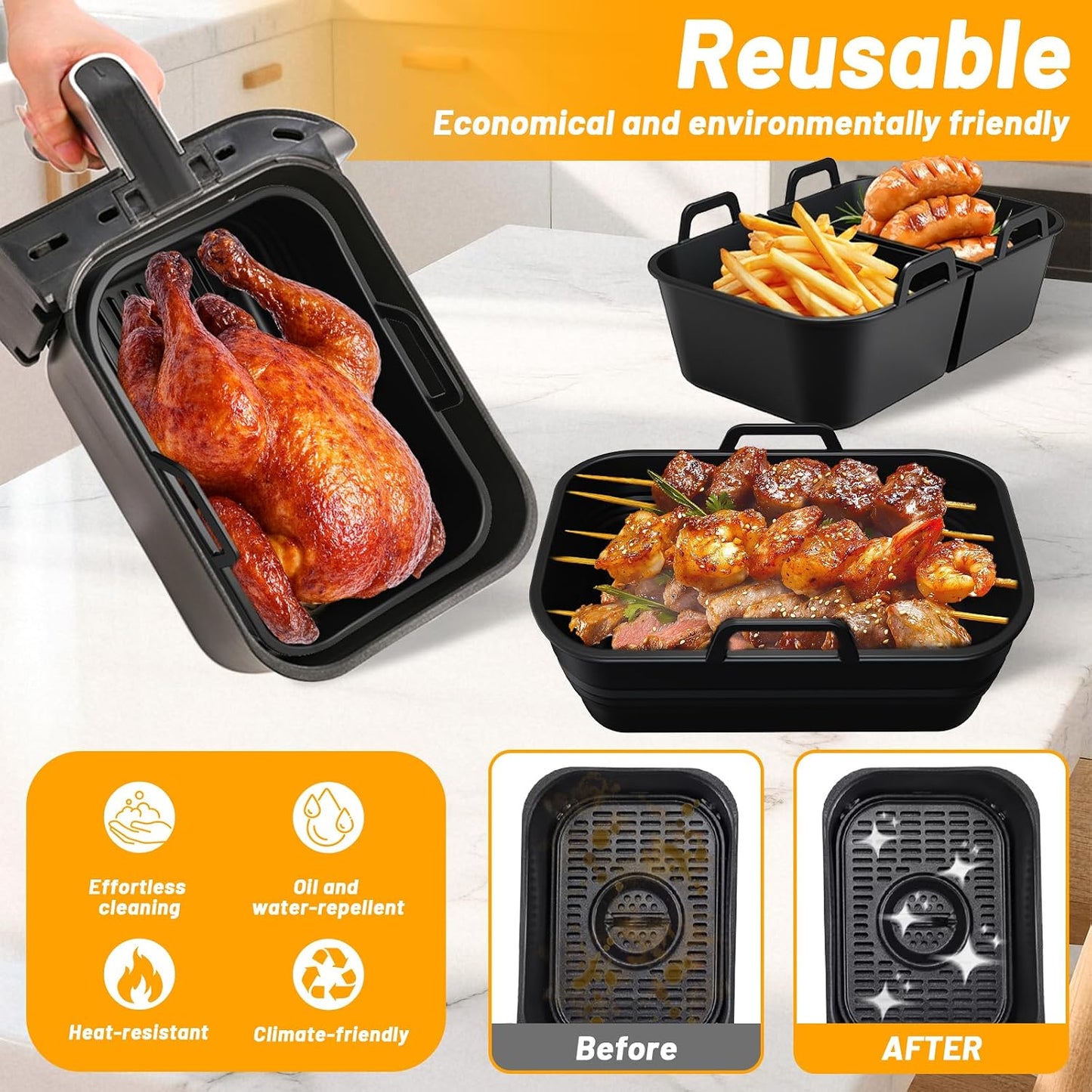 Silicone Air Fryer Liners 4 Pack for Ninja Foodi DZ201 DZ401 DZ550 DZ320 | Reusable Silicone Air Fryer Basket Liners for COSORI 9QT, Bella 4Qt, Chefman, Instant and 8–10QT Dual Basket Air Fryers