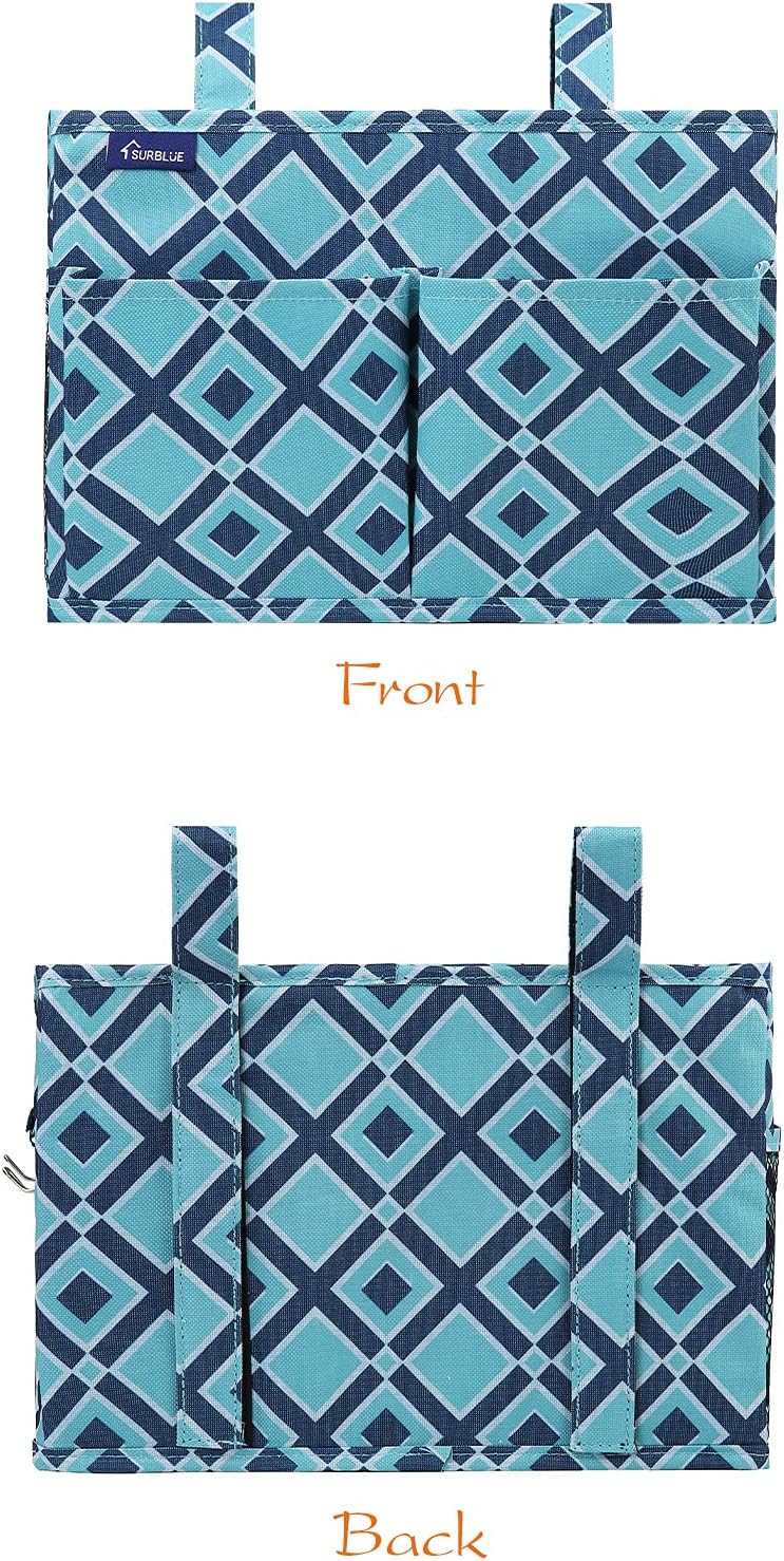 Surblue Bedside Caddy Hanging Organizer Storage Bag Pocket for Bunk, Hospital, College Dorm Rooms, Baby Bed Rails, Camp - 4 Pockets, 2 Hooks (Blue)