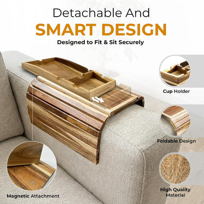 Bamboo Couch Cup Holder, 2 Cork Coasters, Anti-Slip Foldable Couch Arm Tray | 2 in 1 Foldable Sofa Arm Tray, Couch Armrest Table, Anti-Spill Couch Arm Table for Drinks TV Remote Cellphone Snacks