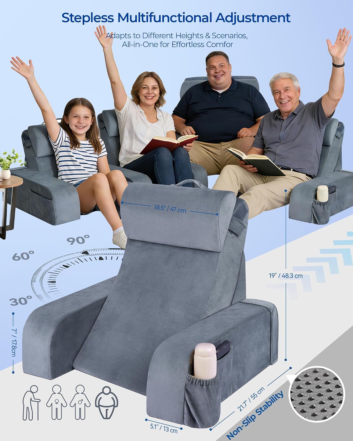Kayfia Reading Pillow, 30-90° Stepless Adjust Angle & Height, Large, Grey | 2 in 1 Back Wedge Pillow for Bed Sitting up, Adjustable Headrest, Backrest Pillow for Reading/Gaming/Working in Bed or Couch
