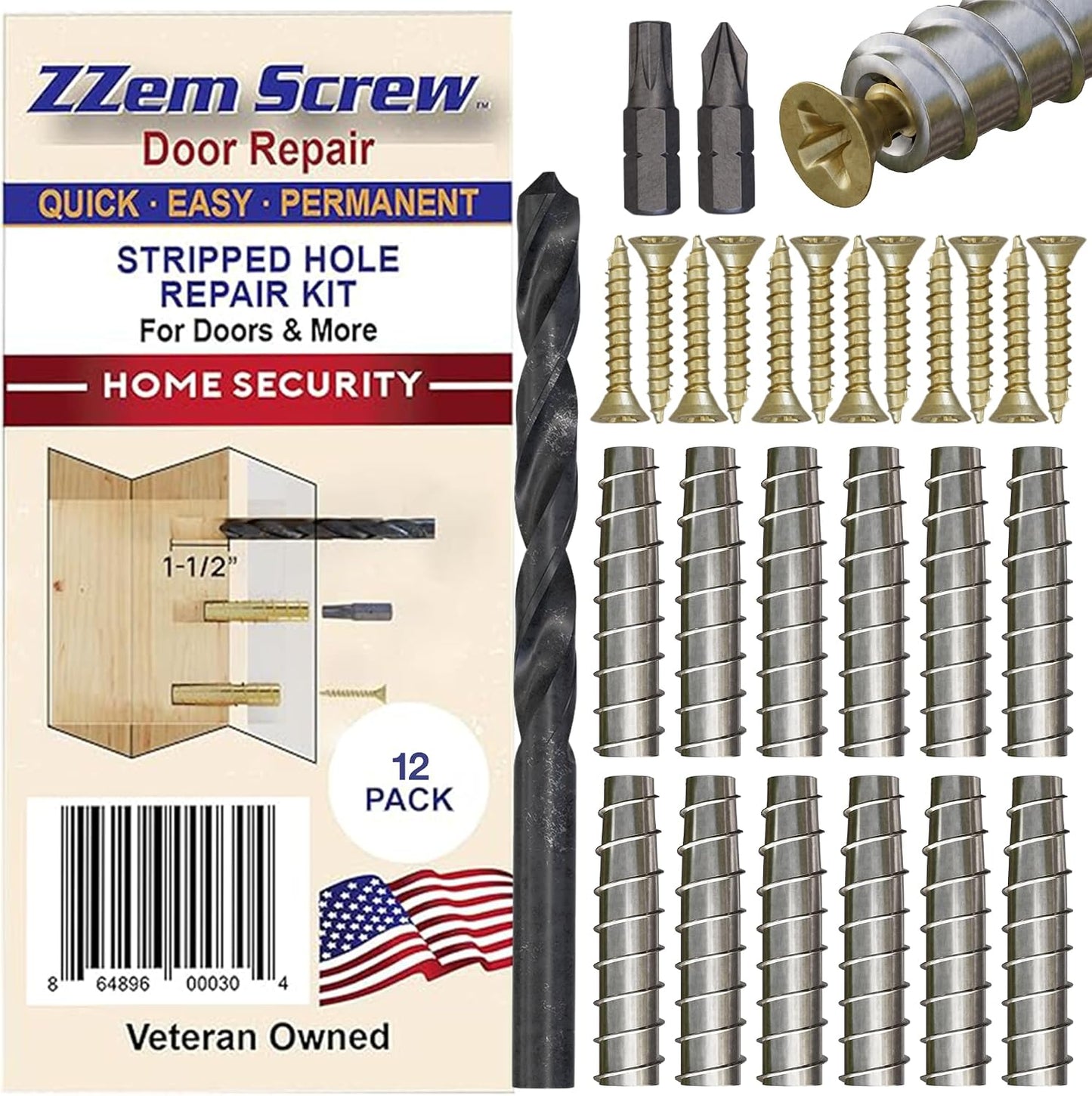12-Pack #9 x 1-1/2" Permanent Stripped Screw Hole Repair Kit | Repairs hinges, strike plates, deadbolts, gates and latches. Ideal for home repairs