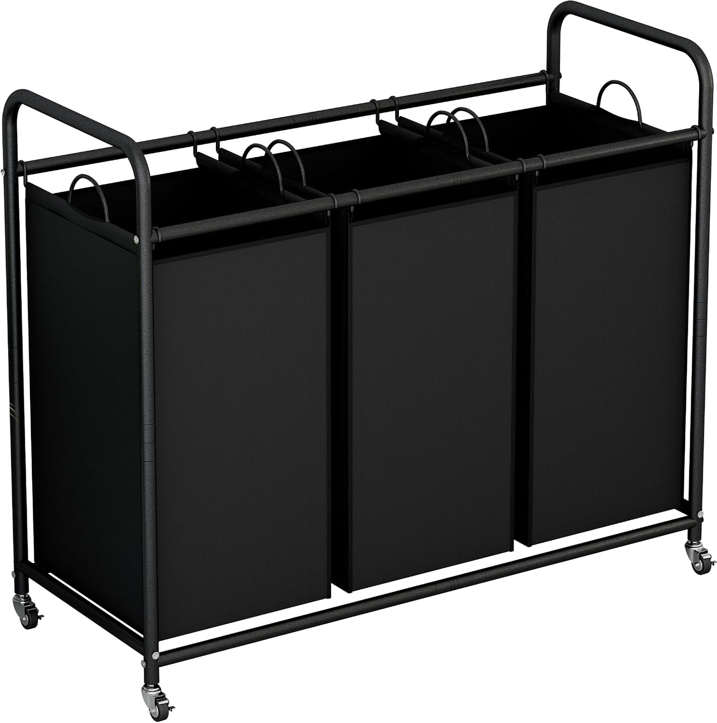 LINZINAR 3 Section Laundry Hamper, Black Laundry Basket 135L Laundry Sorter | Laundry Room Organization with Heavy Duty Rolling Lockable Wheels and Removable Bag, Bedroom Laundry Cart for Clothes Storage