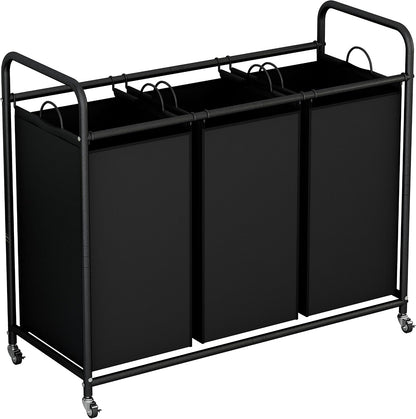 LINZINAR 3 Section Laundry Hamper, Black Laundry Basket 135L Laundry Sorter | Laundry Room Organization with Heavy Duty Rolling Lockable Wheels and Removable Bag, Bedroom Laundry Cart for Clothes Storage