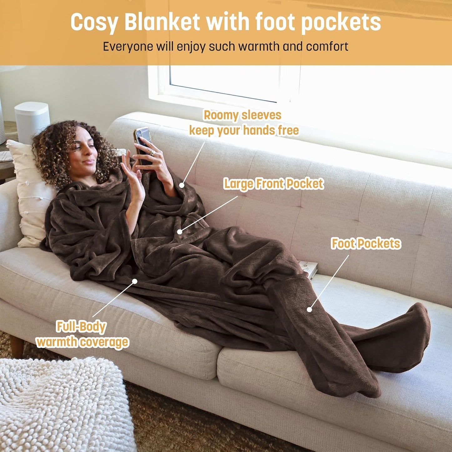 Catalonia Wearable Blanket with Sleeves & Foot Pocket for Adults | Soft Fleece Throw Wrap with Hands-Free Comfort, Perfect for Reading, TV Time & Relaxing, Christmas Gift for Women & Men