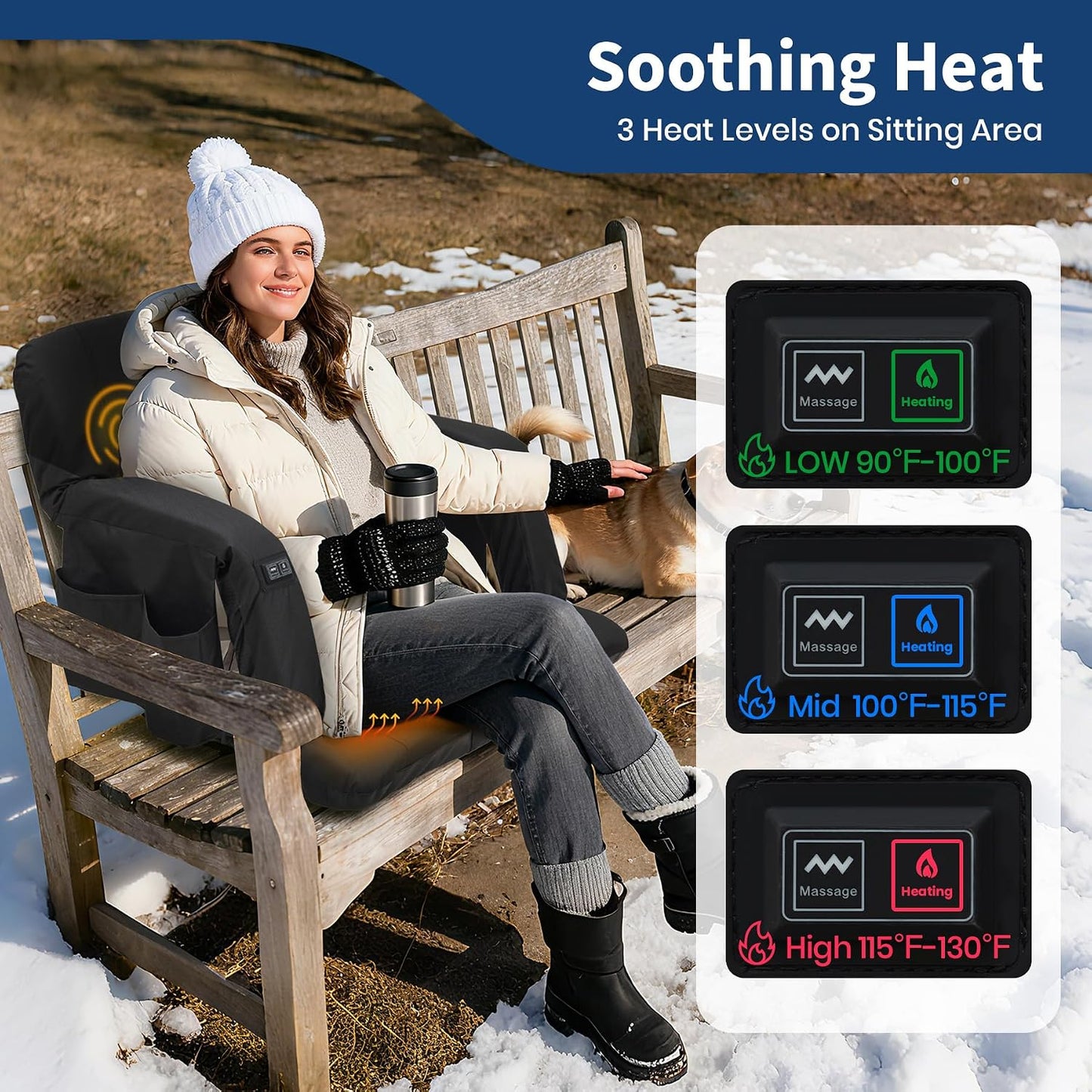 25Inch Massage & Heated Stadium Seats with Back Support and Padded Cushion - 3 Level Heating & Massage Extra Wide Bleacher Chair with Anti-Slip Mat - Football Seats, 6 Adjustable Angle, Pockets