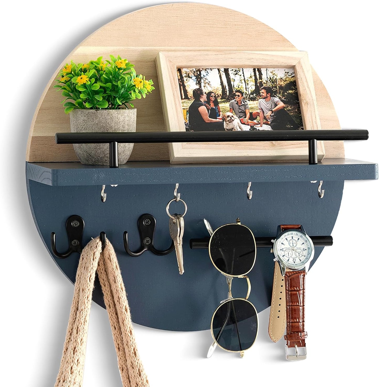 Key Holder for Wall Decorative with Shelf and Hooks, Mail Organizer Wall Mount with Sunglasses Holder, Circular Design Entryway Key Rack Hanger, Rustic Home Decor Boho Wall Decor (White)