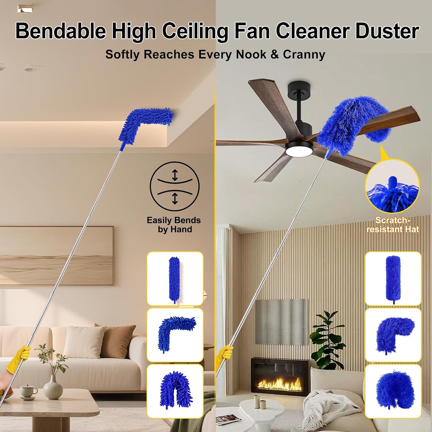Tiumso Microfiber Feather Duster 5-in-1 Kit, Dusters for Cleaning, Duster with Extension Pole 100 Inches, Cobweb Duster, Microfiber Dusters for High Ceilings and Fans, Blinds, Cars and Furniture