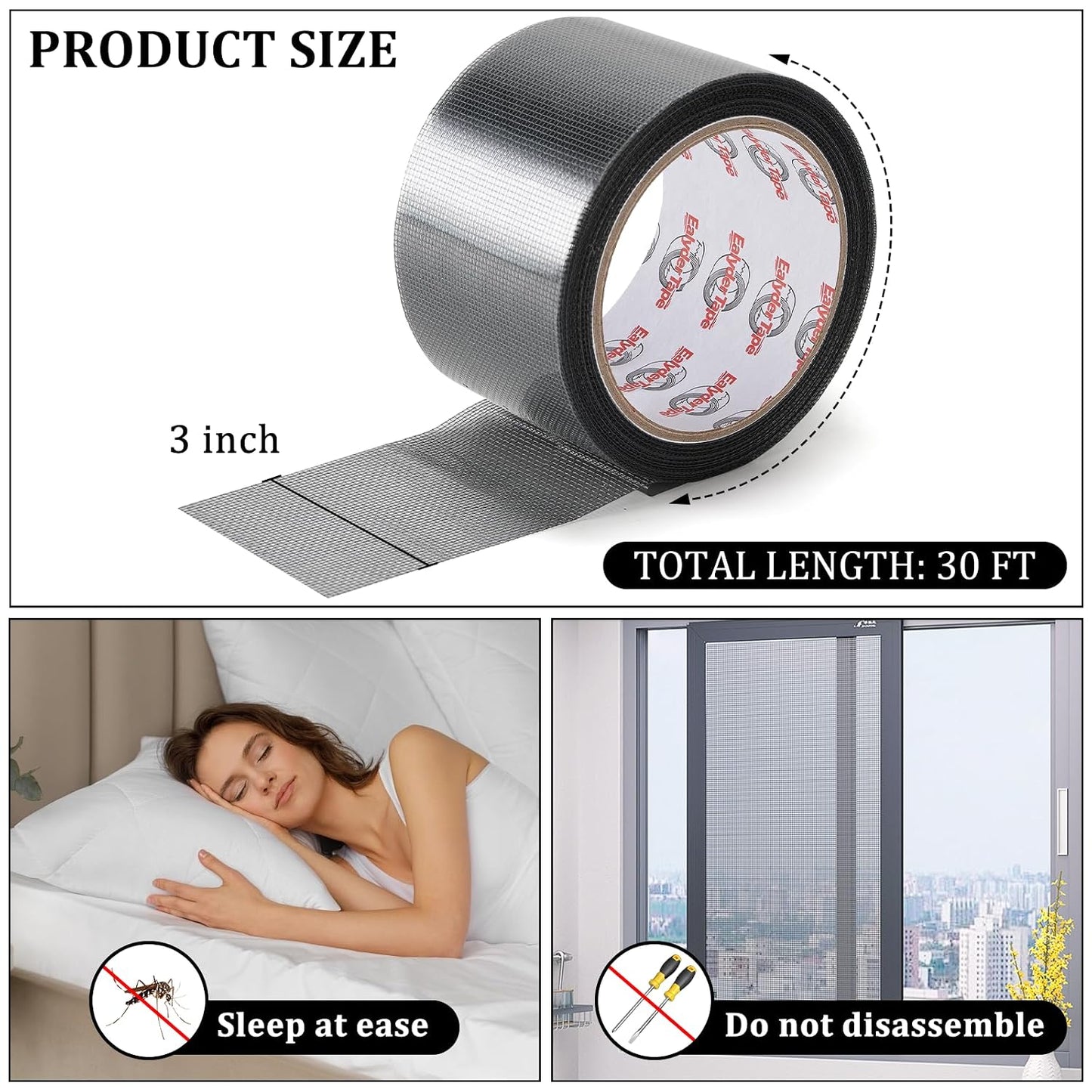 2" x 30FT Black Window Screen Repair Tape Fiberglass Mesh Patch Tape | Fiberglass Mesh Screen Repair Tape for Window & Door Tears, Strong Adhesive, Quick Fix Holes, Black Durable Mesh