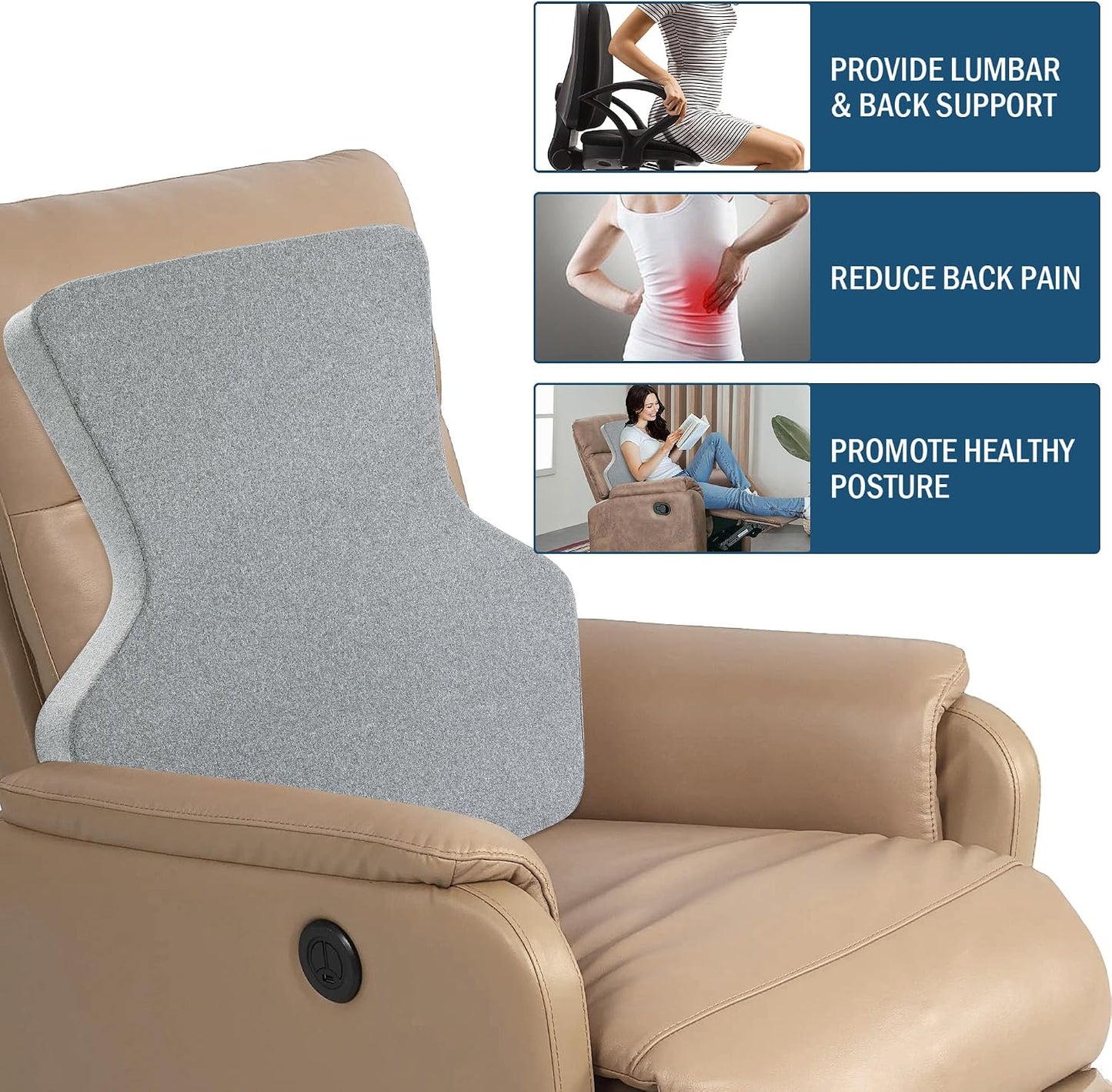 HOMBYS Ergonomic Lumbar Support Pillow for Recliner,Memory Foam Chair Back Support Cushion for Elderly,Extra Large Lumbar Support Pillow,Low Back Pain Relief Cushion,Grey