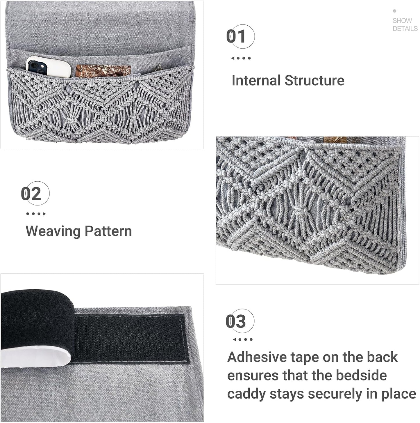 Mkono Macrame Bedside Caddy, Boho Bed Storage Organizer, 4 Pockets Ivory | Dorm Room Bed Caddy, Home Decor, Remote Control Magazine Glasses, Bedroom Living Room, Non-Slip, Space Saving Holder