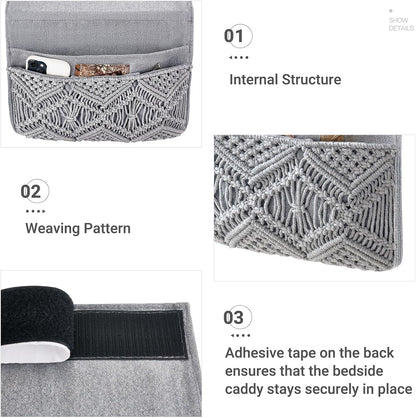 Mkono Macrame Bedside Caddy, Boho Bed Storage Organizer, 4 Pockets Ivory | Dorm Room Bed Caddy, Home Decor, Remote Control Magazine Glasses, Bedroom Living Room, Non-Slip, Space Saving Holder