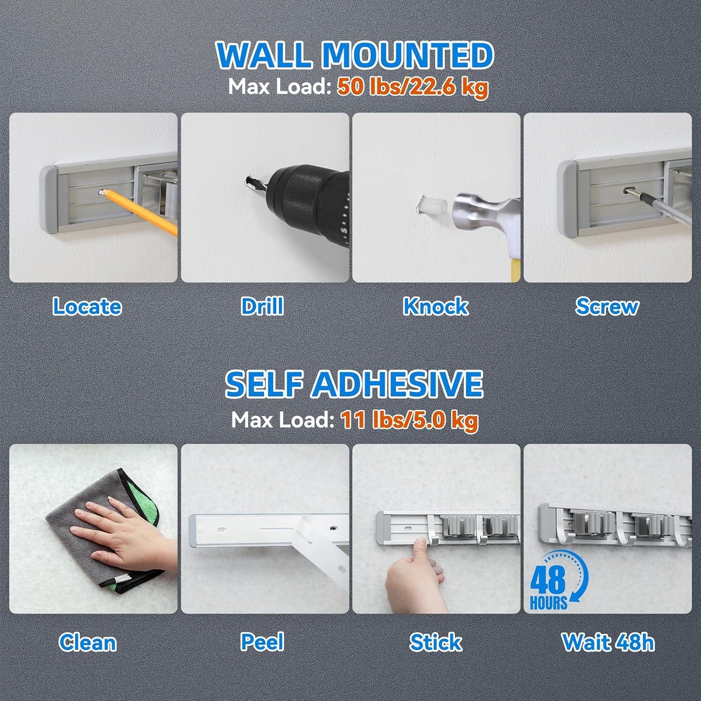 reliahom Broom Holder Wall Mount Mop Hanger Tools organizer 5Racks 4Hooks | Adjustable Mop Broom Wall Hanging Heavy duty Tools Storage Rack Space-saving for Garage,Kitchen,Laundry Room,Garden, Silver