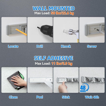 reliahom Broom Holder Wall Mount Mop Hanger Tools organizer 5Racks 4Hooks | Adjustable Mop Broom Wall Hanging Heavy duty Tools Storage Rack Space-saving for Garage,Kitchen,Laundry Room,Garden, Silver