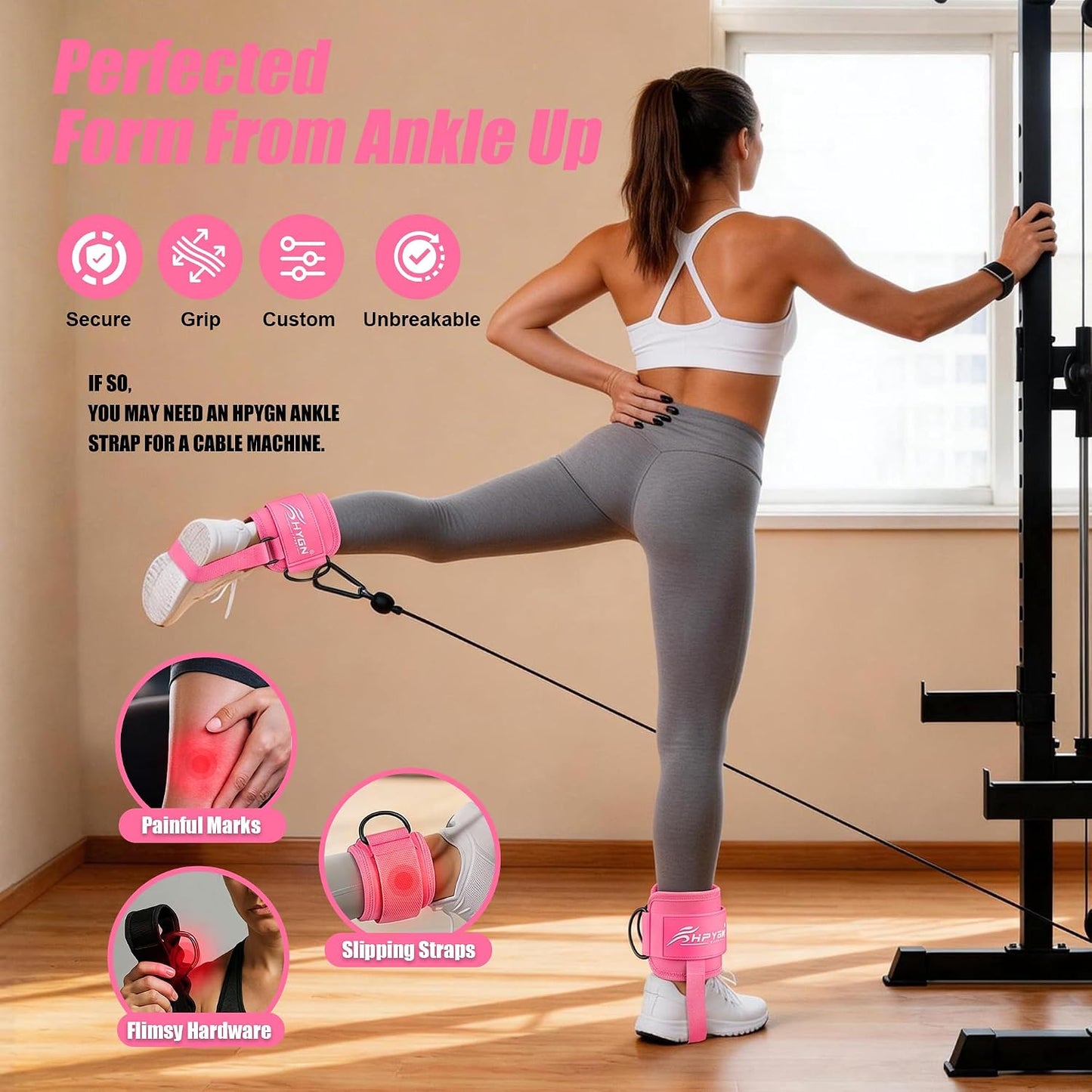 HPYGN Ankle Strap for Cable Machine, Padded Ankle Straps for Cable Machine Kickbacks, Glute Workouts, Leg Extensions, Curls, Booty Hip Abductors Exercise, Adjustable Comfort Ankle Cuff for Gym