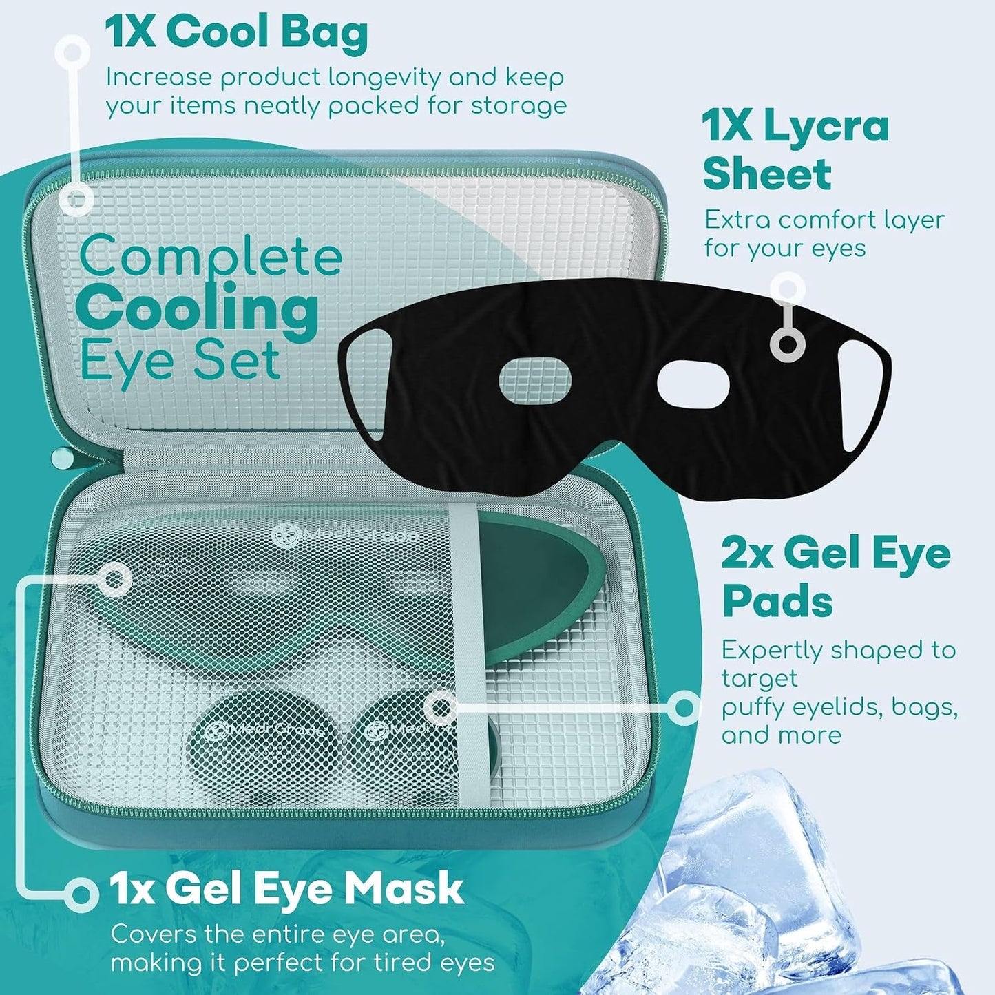 Medi Grade Cooling Eye Mask for Dark Circles and Puffiness, 2 Gel Eye Pads | Reusable cold eye mask and ice pack for eyes, gel eye pads with thermo bag and adjustable strap, for skincare routines