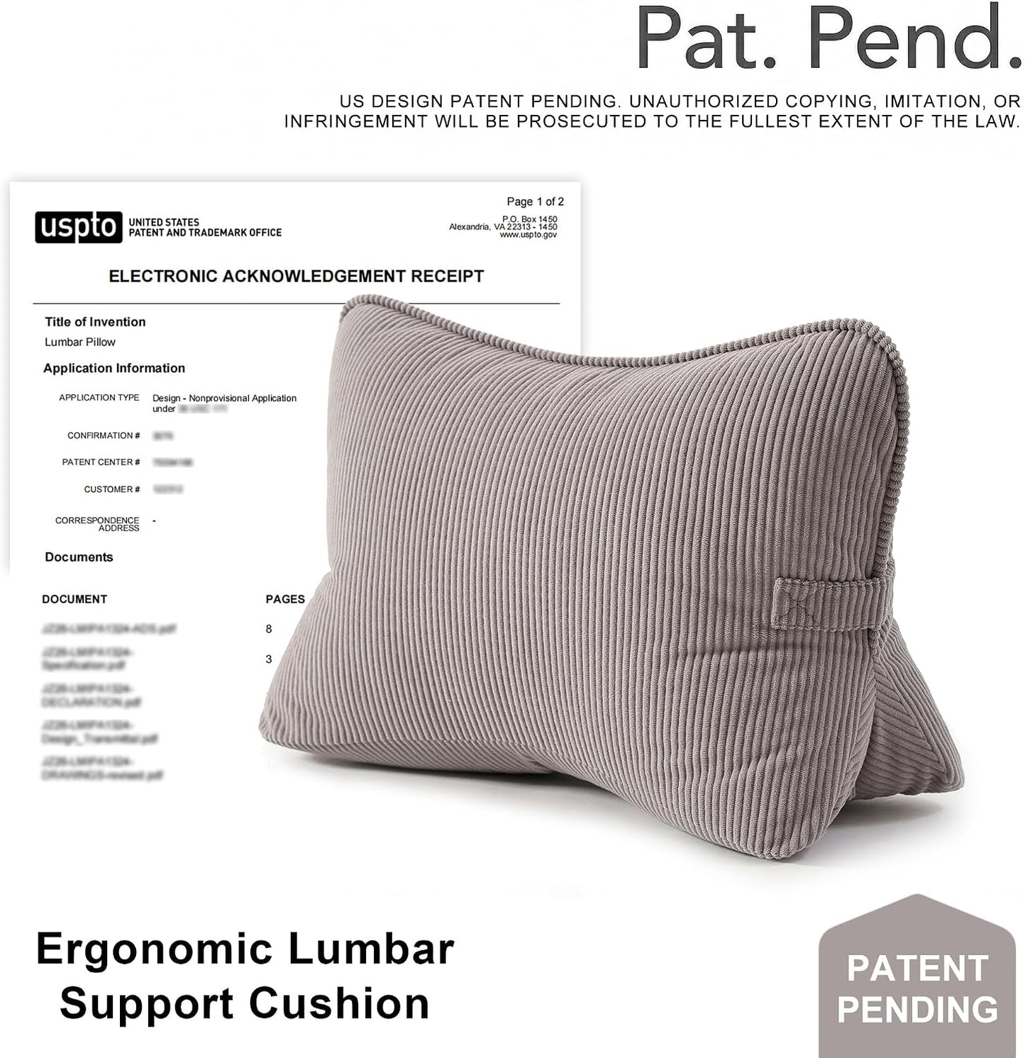 Pat. Pend. Corduroy Lumbar Support Back Pillow for Watching TV, Reading & Gaming, Ergonomic Triangle Support Cushion for Sofa, Armchair & Bed Sitting, Removable Washable Cover, Beige Gray