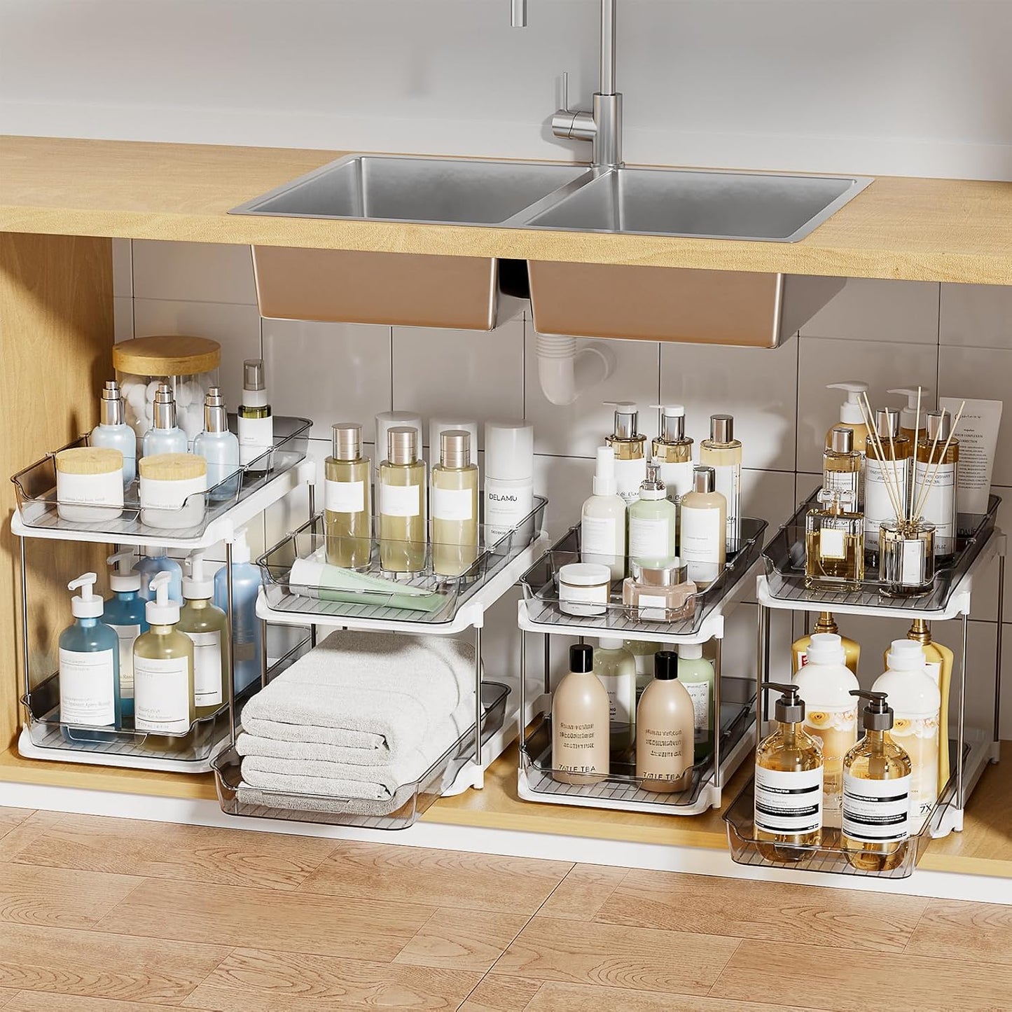 Delamu 2-Tier Multi-Purpose Bathroom Under Sink Organizers and Storage, Stackable Kitchen Pantry Organization, Pull Out Medicine Cabinet Organizer with Movable Dividers, White, 2 Pack