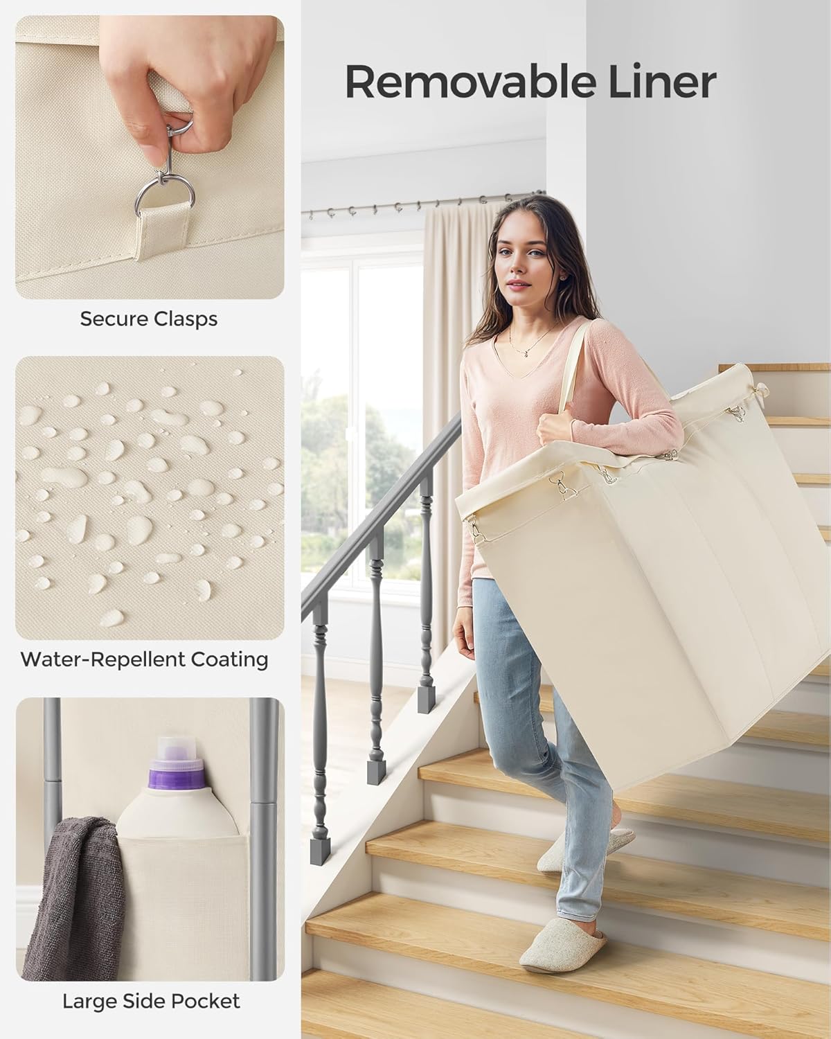 SONGMICS Laundry Basket with Wheels, 4-Section Rolling Laundry Hamper, 68.6 Gallons (260 L), Removable Liner, Steel Frame with Handle, 43.3 x 15.4 x 31.9 Inches, Cream White URLS014W01