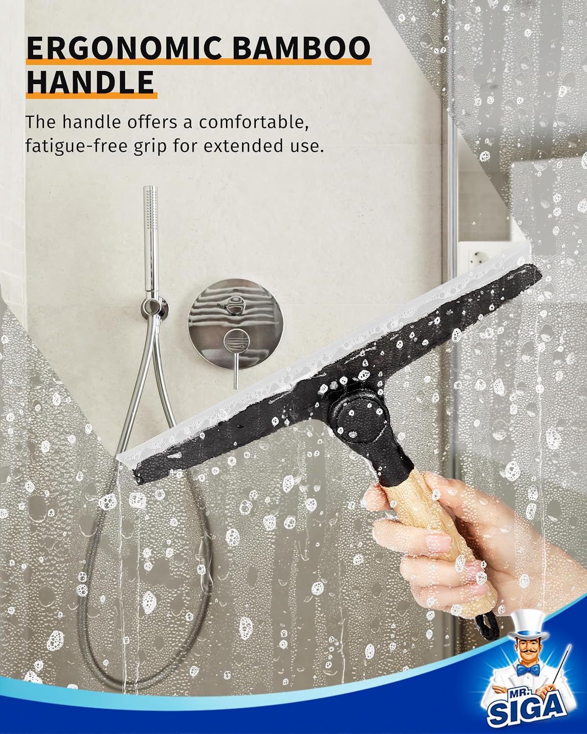 MR.SIGA Silicone Squeegee for Shower Door, Mirror, Glass, 10 inch, White | Streak free shower squeegee for windows, showers and glass surfaces, pivoting bamboo handle, includes 1 suction hook