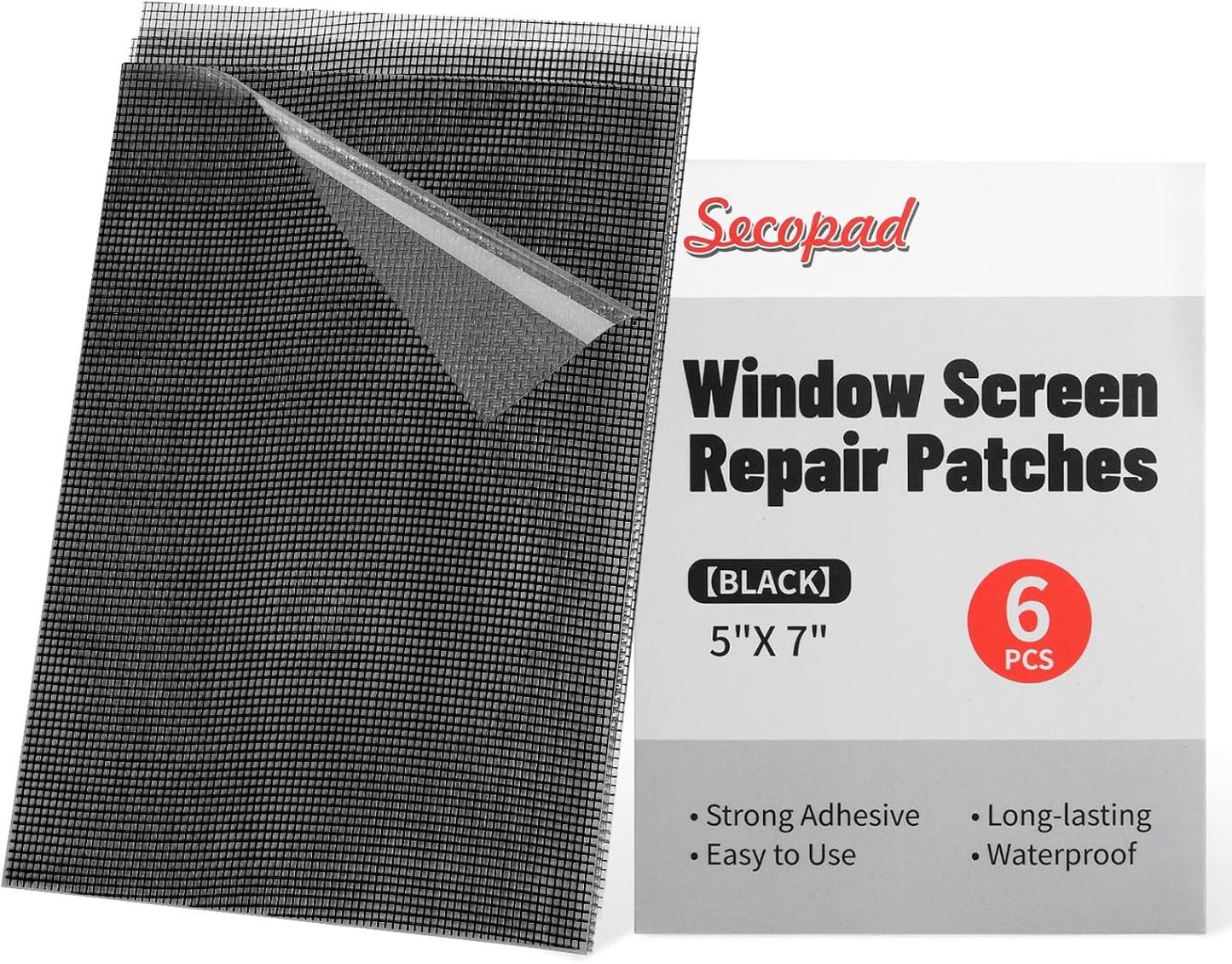 Secopad 6 PCS Screen Patch Tape, 5" X 7" Window Screen Repair Kit, Black | Quick Repair, Strong Adhesive, Easy to Use, For Mesh Window & Door, Cuttable Fiberglass, No Tools Needed