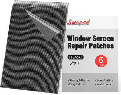 Secopad 6 PCS Screen Patch Tape, 5" X 7" Window Screen Repair Kit, Black | Quick Repair, Strong Adhesive, Easy to Use, For Mesh Window & Door, Cuttable Fiberglass, No Tools Needed