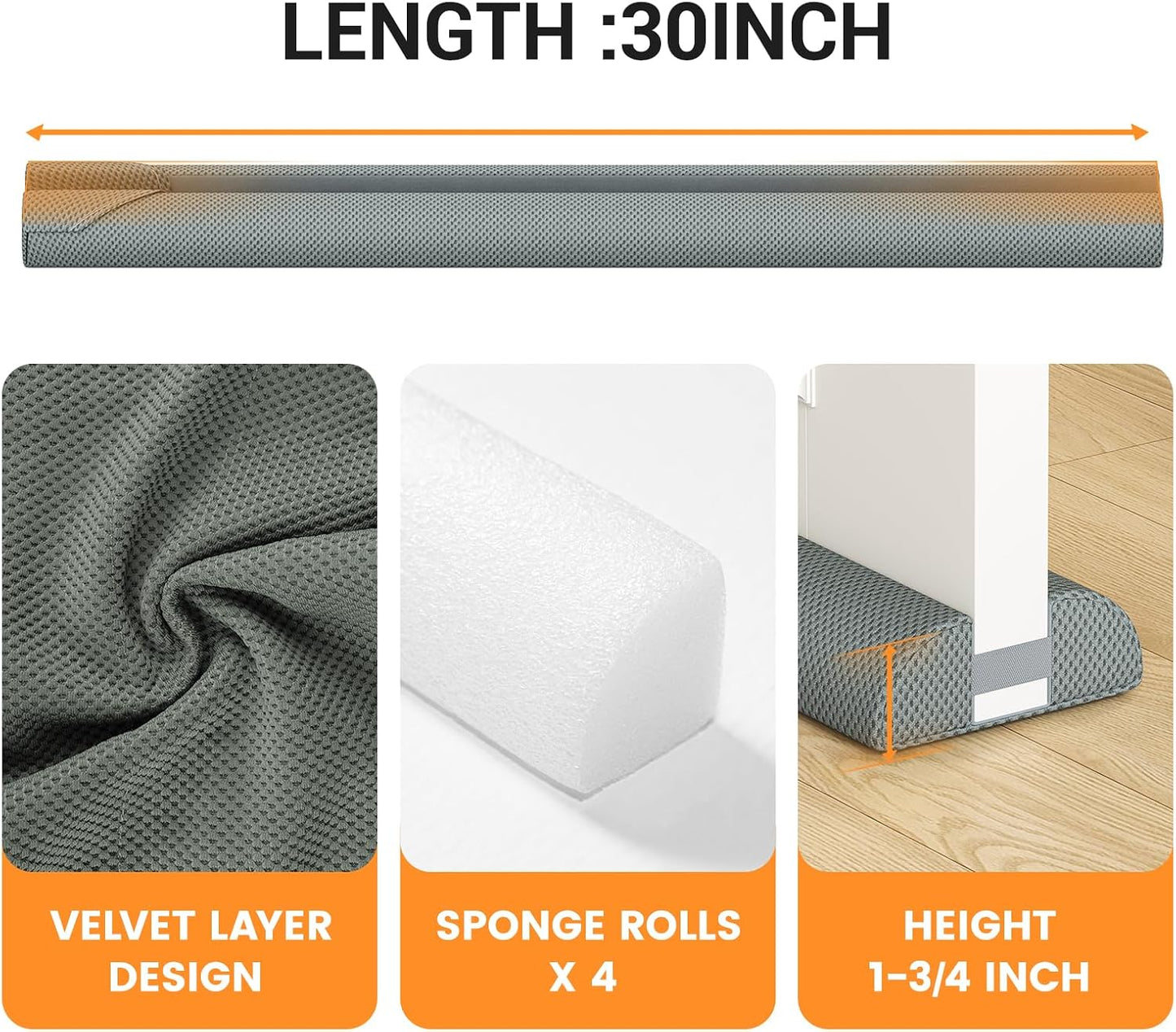 fowong Door Draft Stopper, 36" Adjustable Under Door Noise Stopper, Grey | Durable Door Draft Blocker Helps to Seal Door Gaps, Reduce Drafts, Noise, Dust & Light, Fit Doors 30"–36", Easy to Install