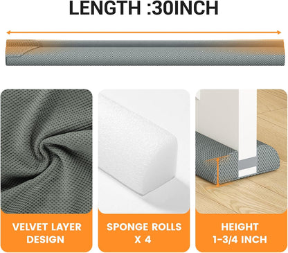 fowong Door Draft Stopper, 36" Adjustable Under Door Noise Stopper, Grey | Durable Door Draft Blocker Helps to Seal Door Gaps, Reduce Drafts, Noise, Dust & Light, Fit Doors 30"–36", Easy to Install