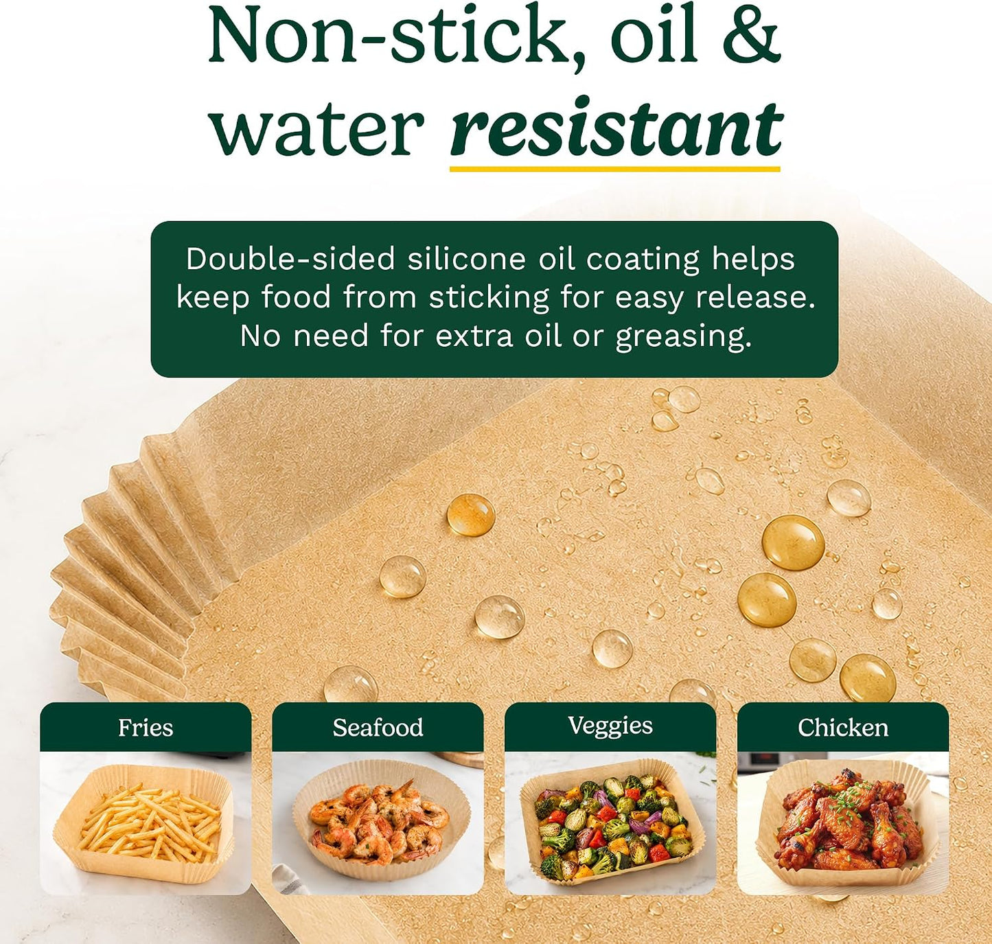 Cuisinart Air Fryer Liners Disposable, 150 Pack, 7.75" Square | Food-grade unbleached silicone-coated parchment for air fryer basket, non-stick to 428F, traps grease, oven & microwave safe