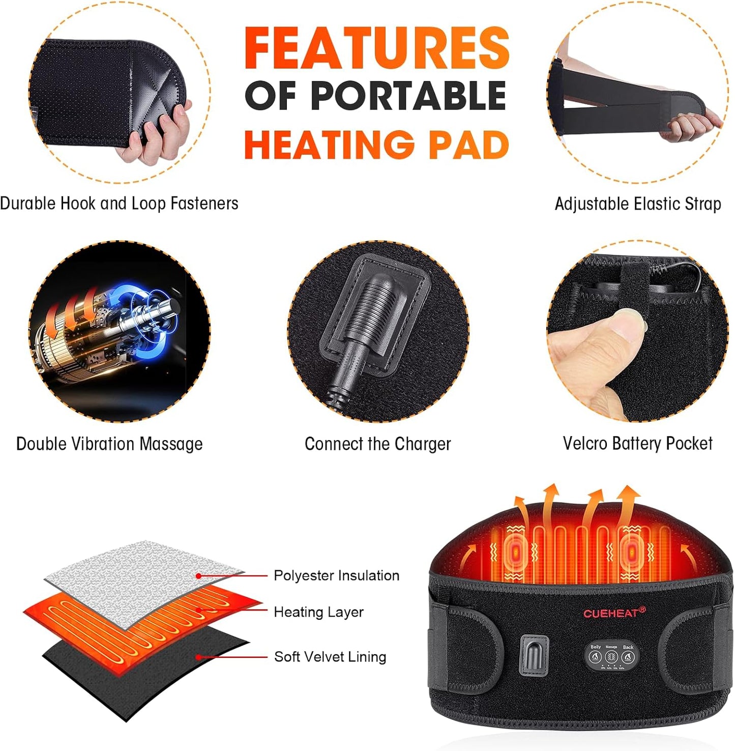 CUEHEAT Heated Waist Belt with Massage - Cordless Lower Back Heating Pad | 3 Heat Settings, 3 Vibration Modes, 7.AV Rechargeable Battery, Adjustable Fit for Wearable Lower Back Warmth