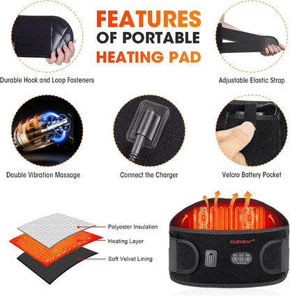 CUEHEAT Heated Waist Belt with Massage - Cordless Lower Back Heating Pad | 3 Heat Settings, 3 Vibration Modes, 7.AV Rechargeable Battery, Adjustable Fit for Wearable Lower Back Warmth