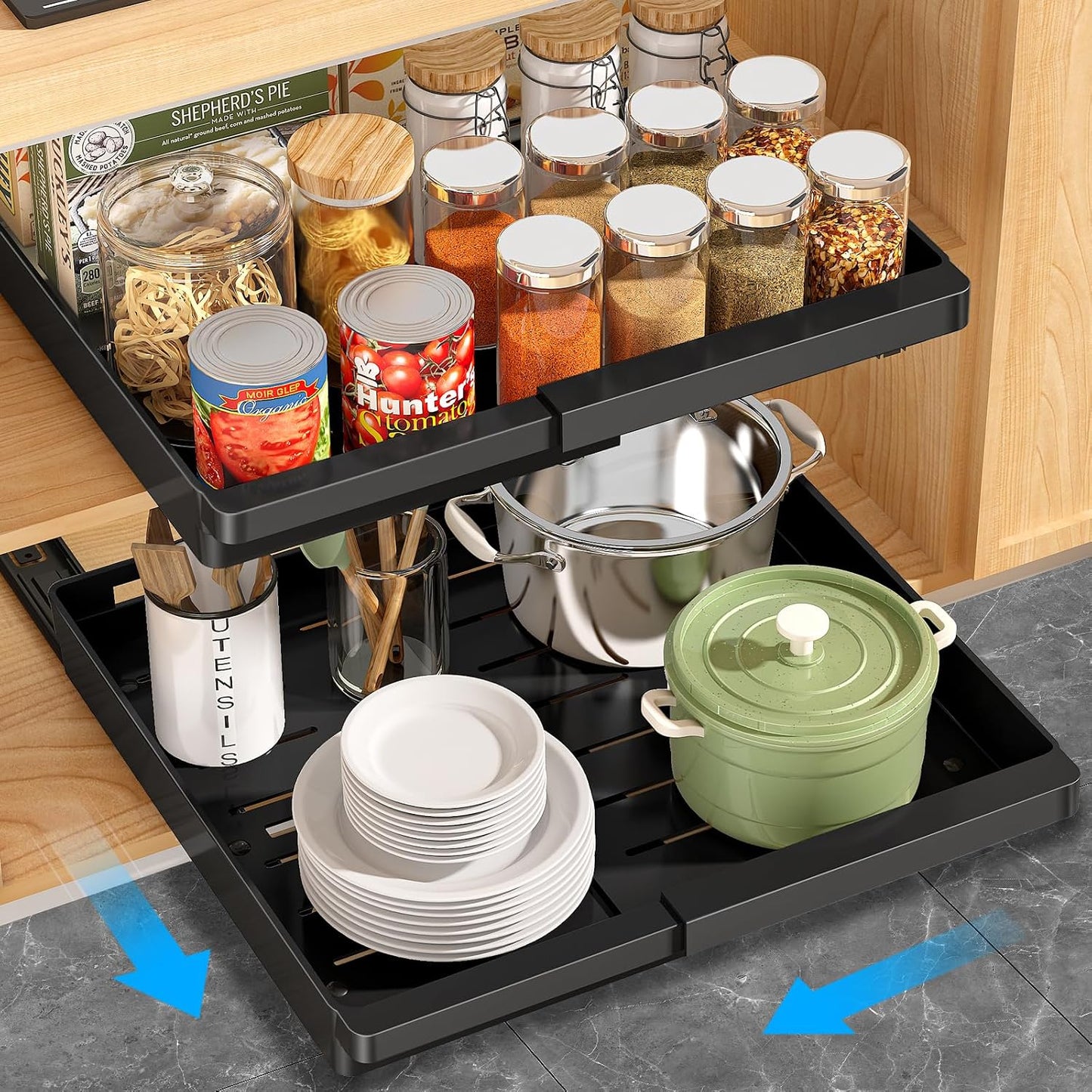 DOMNIU Pull Out Cabinet Organizers Expandable,White,16.9"Depth,2 Pack | Slide Out Drawers for Kitchen, Bathroom, Pantry, Under Sink Storage, Fixed with Adhesive Nano Film (11.6''-17.5'')