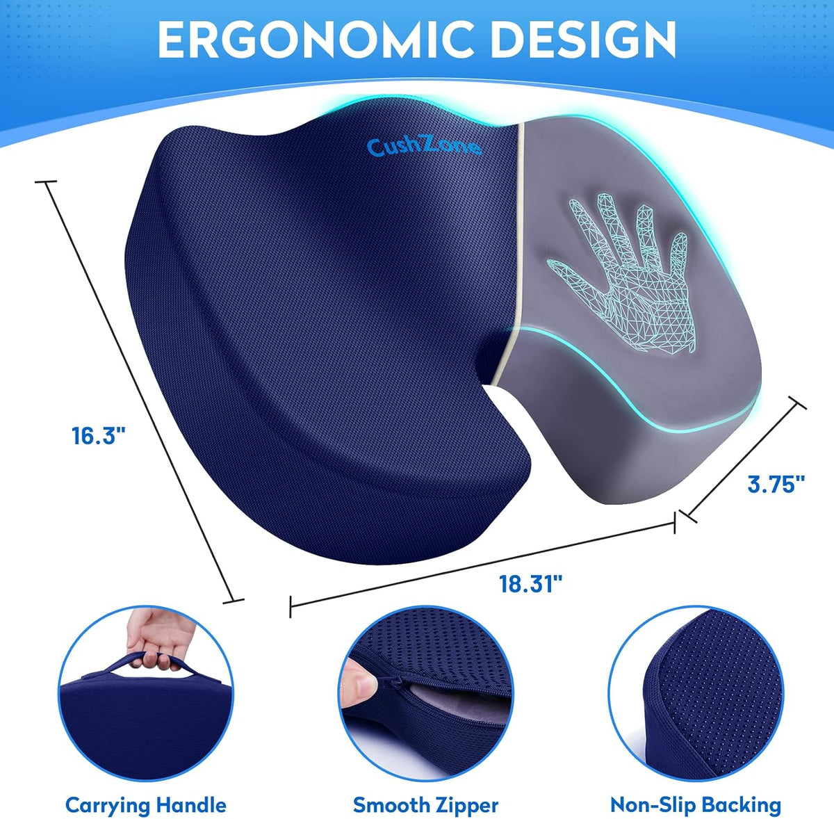 CushZone Seat Cushion Memory Foam Chair Pad for Office & Car, Black