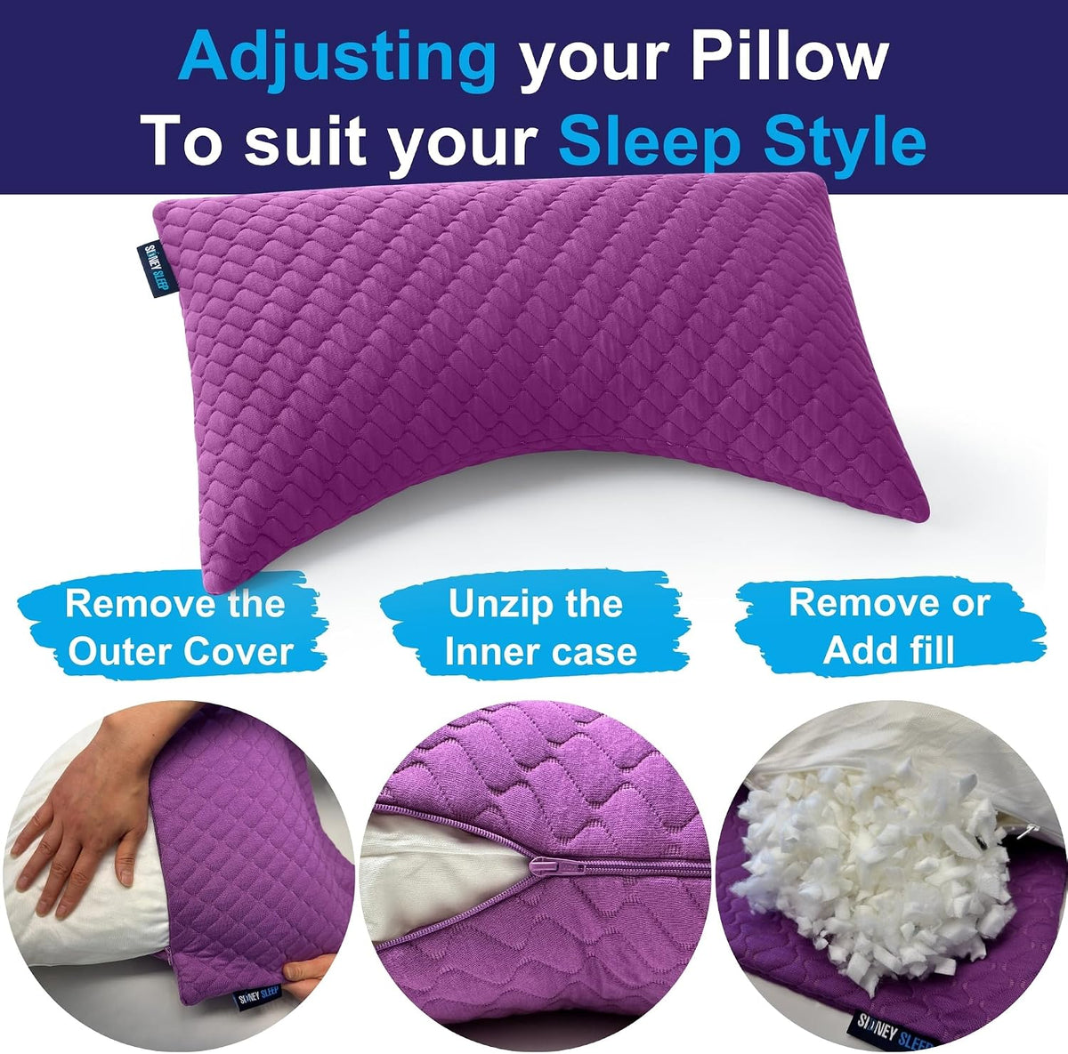 Sidney Sleep Adjustable Curved Pillows for Neck and Shoulder Support with Extra Shredded Fill - Cervical Contour Pillow for Side and Back Sleepers - Queen Size 19" x 29" CertiPUR-US Certified (White)