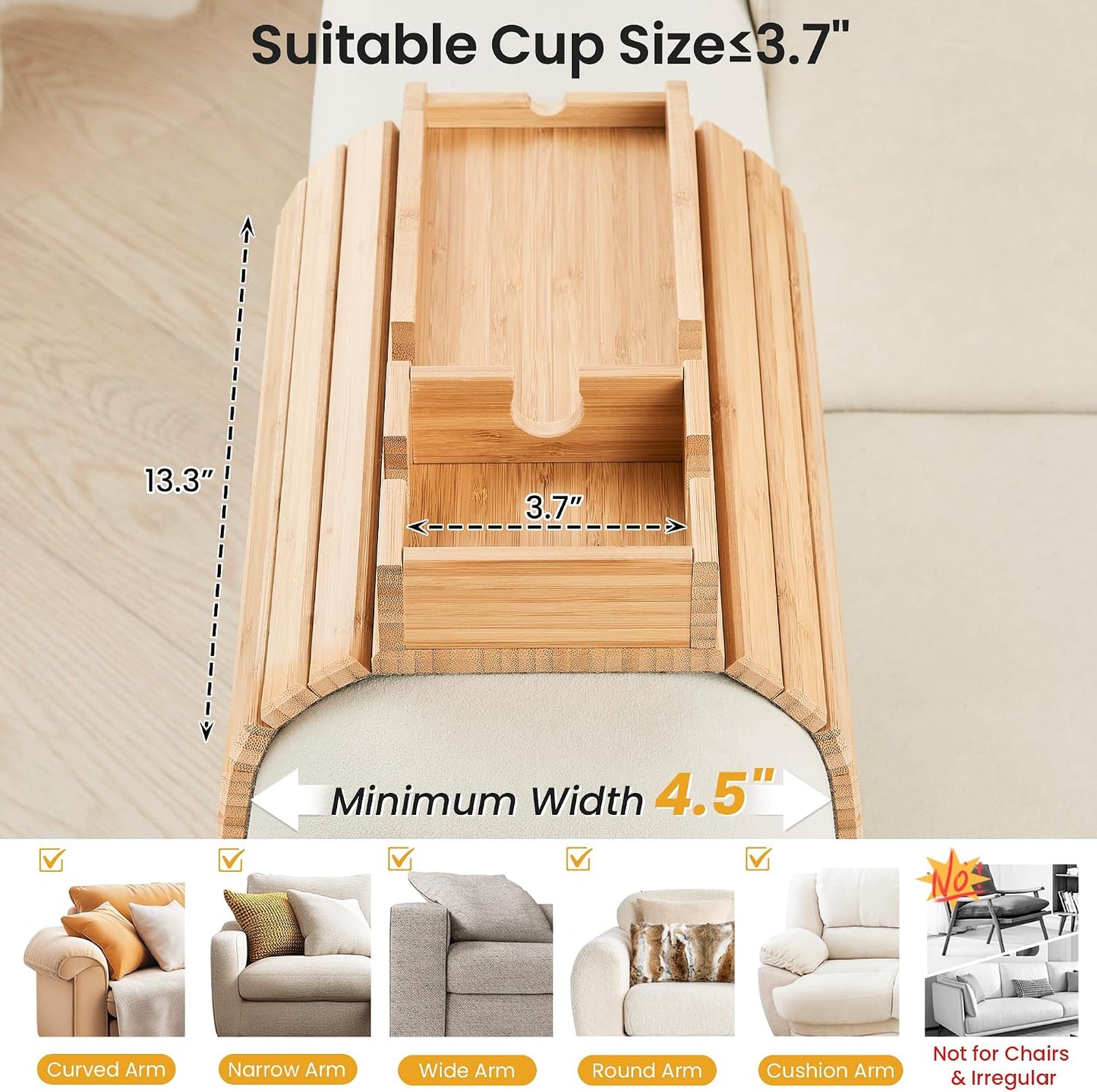 GEHE Couch Cup Holder, Anti Falling Sofa Arm Tray, Natural Bamboo Sofa Cup Holder More Safe for Your Family, Portable Couch Arm Tray Armrest Table for Remote, Snacks, Drinks